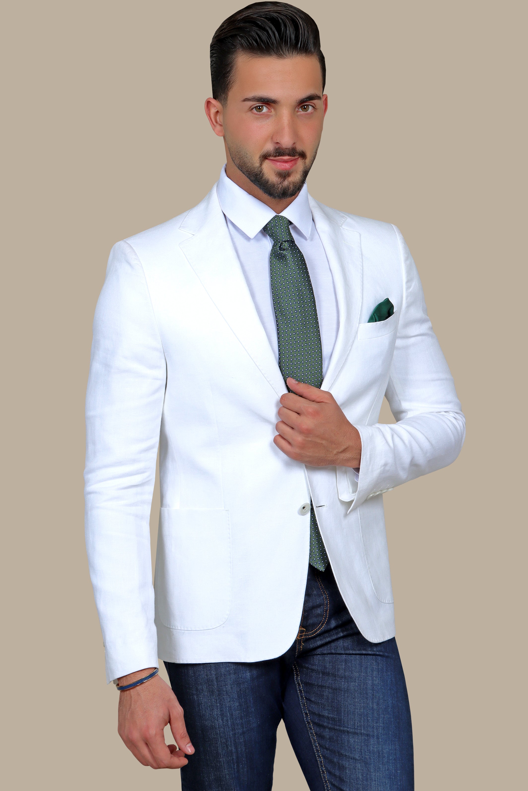 White Linen Blazer with Basic Patch Pockets