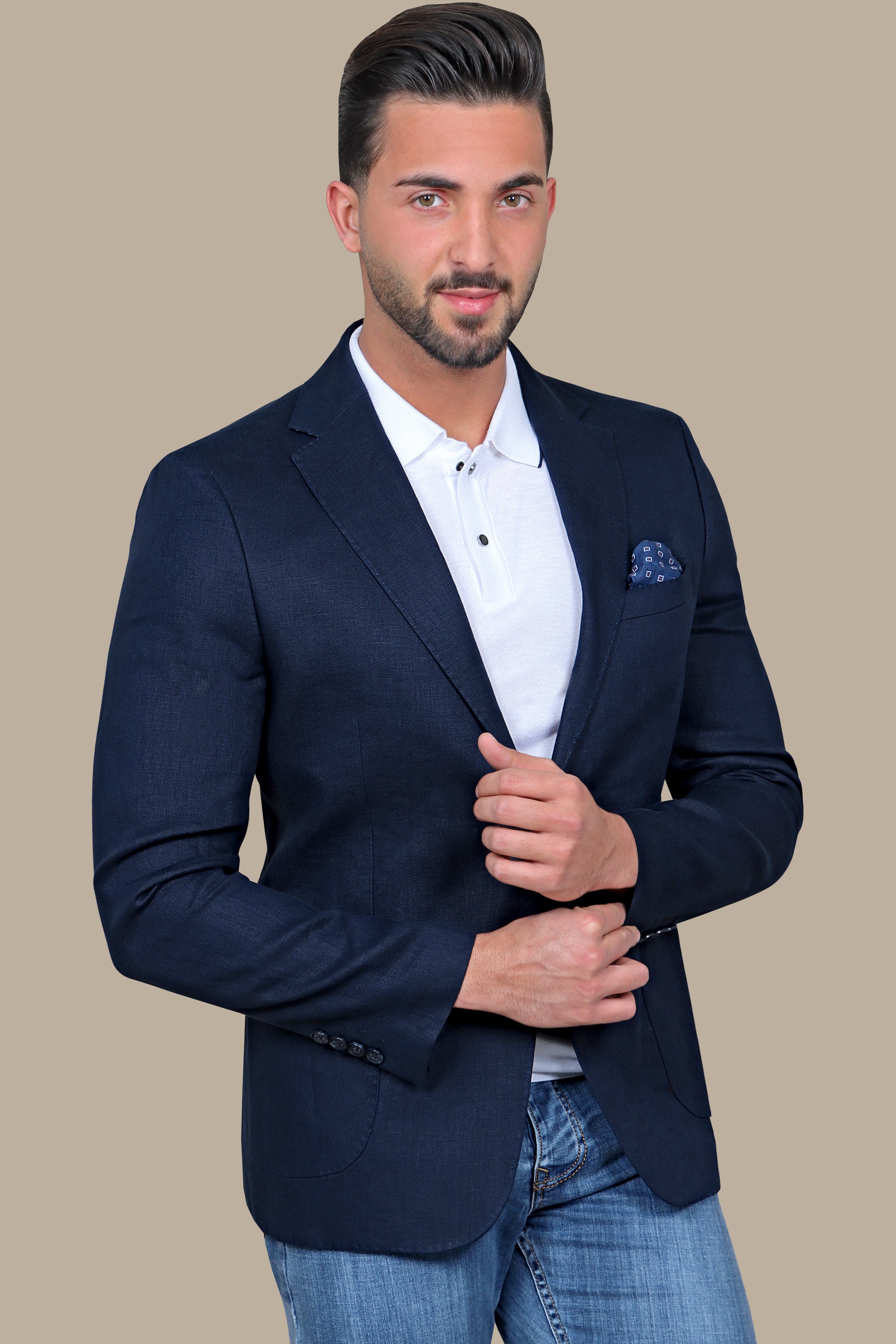 Navy Linen Blazer with Patch Pockets