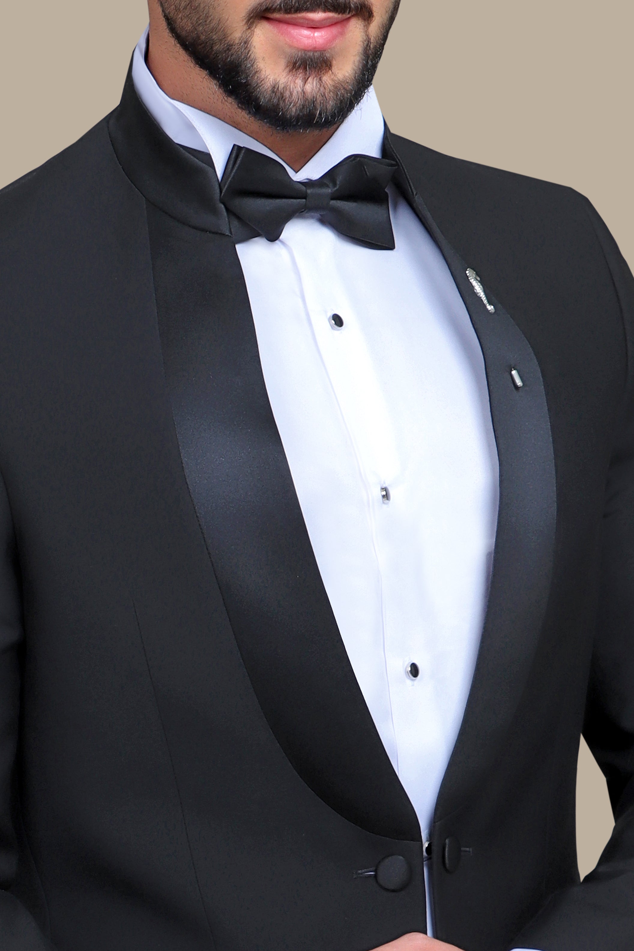 Black Mandarin Collar Tuxedo with Satin Piping