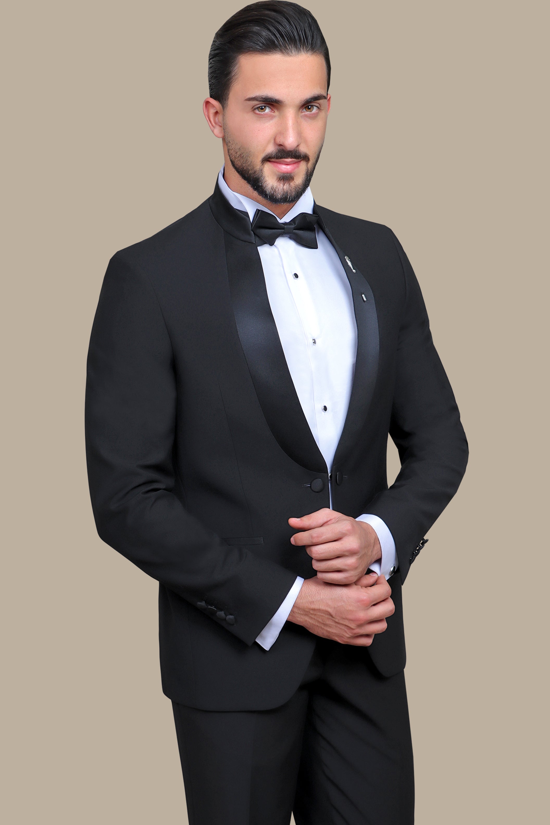 Black Mandarin Collar Tuxedo with Satin Piping