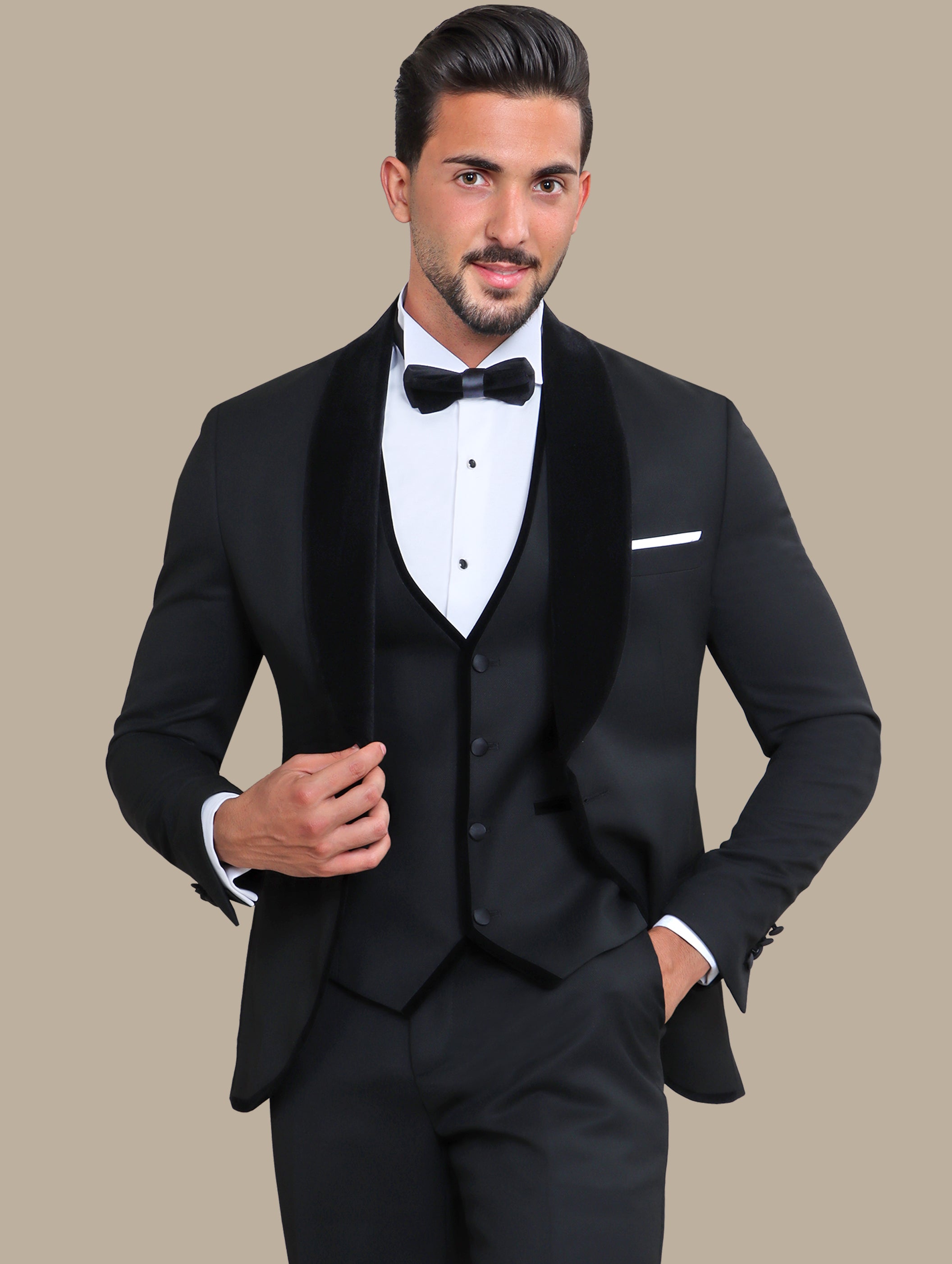 Tuxedo Col Chale Piping 4-Piece Set - Black