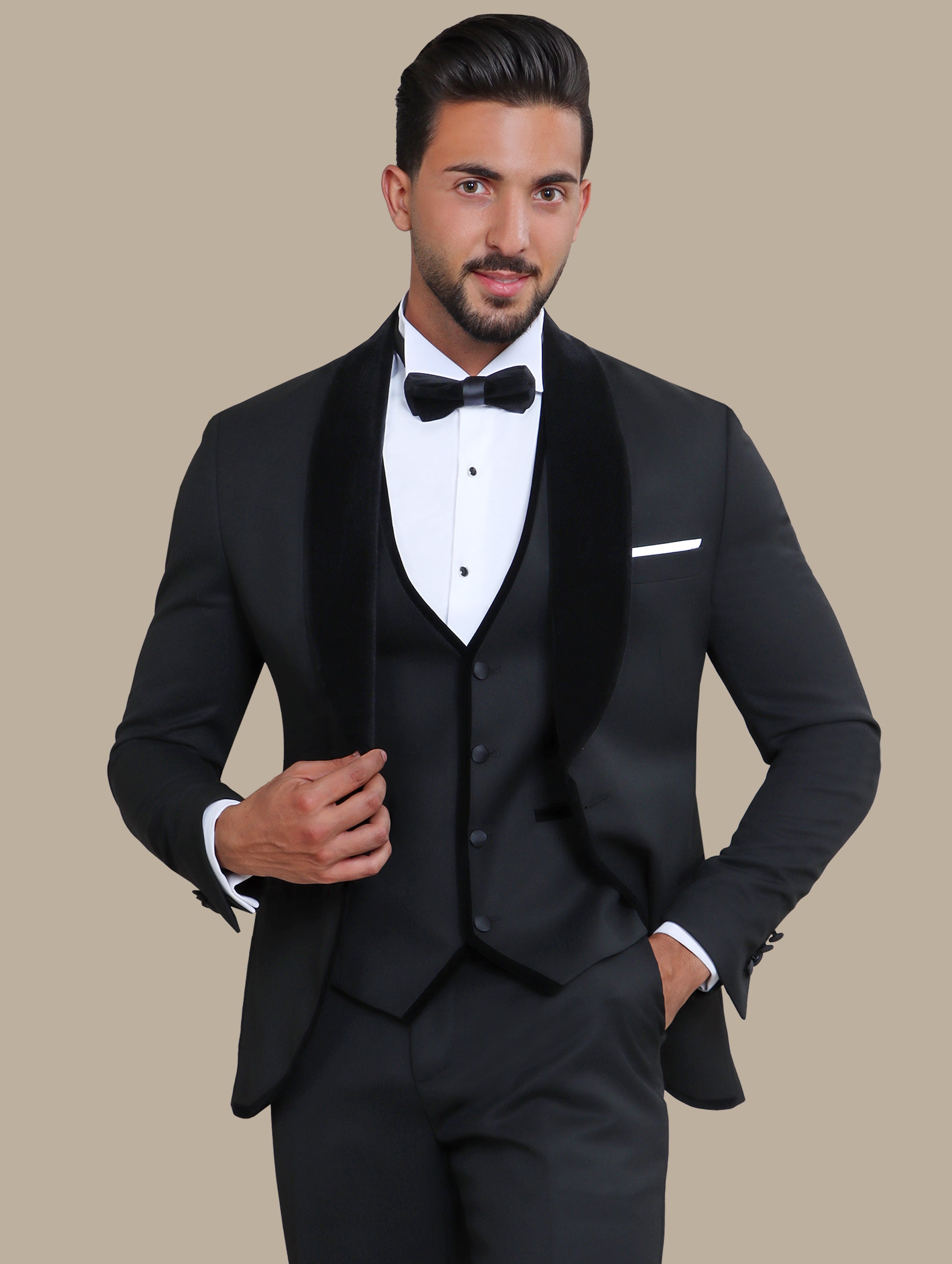 Tuxedo Col Chale Piping 4-Piece Set - Black