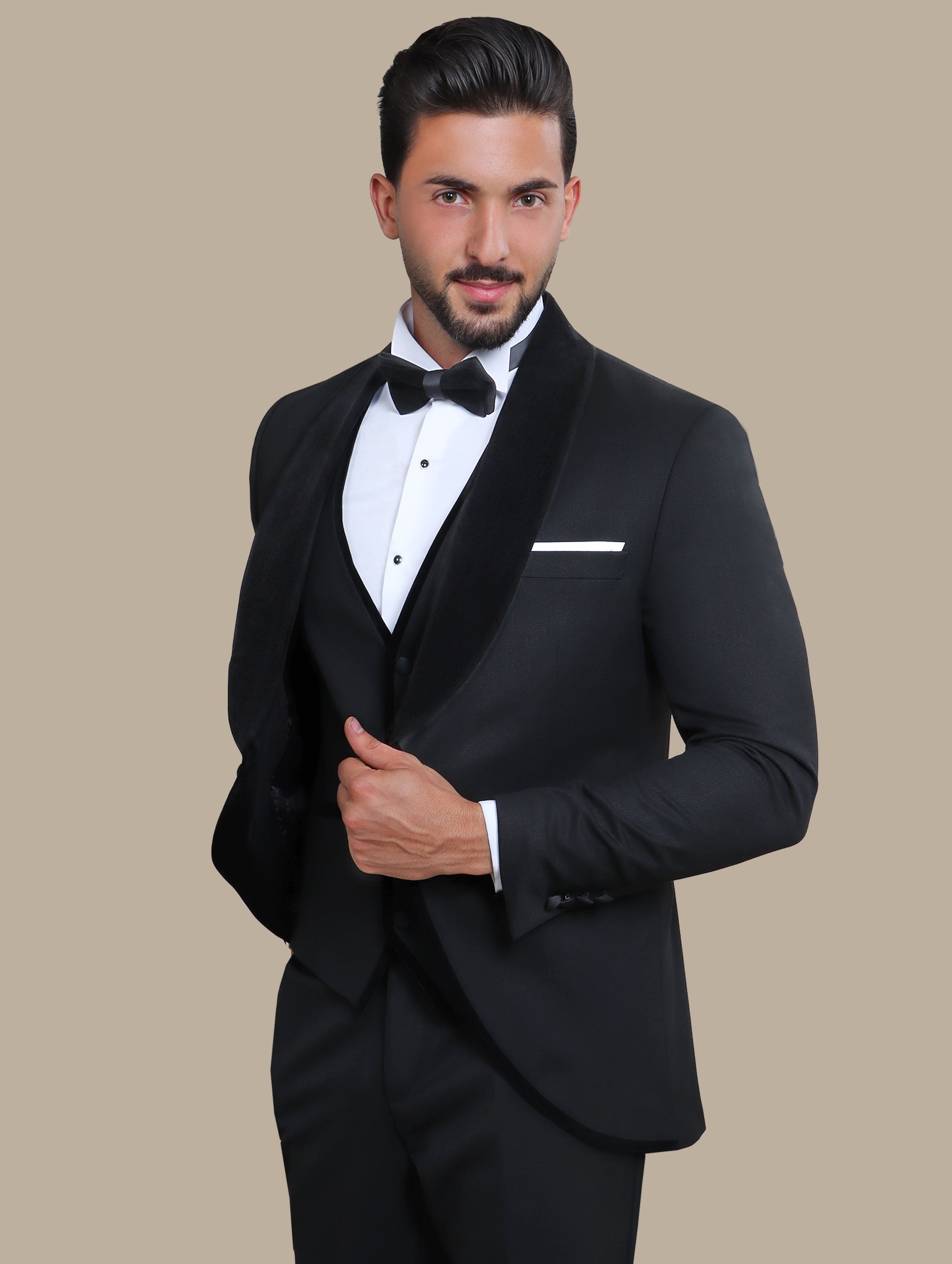 Tuxedo Col Chale Piping 4-Piece Set - Black