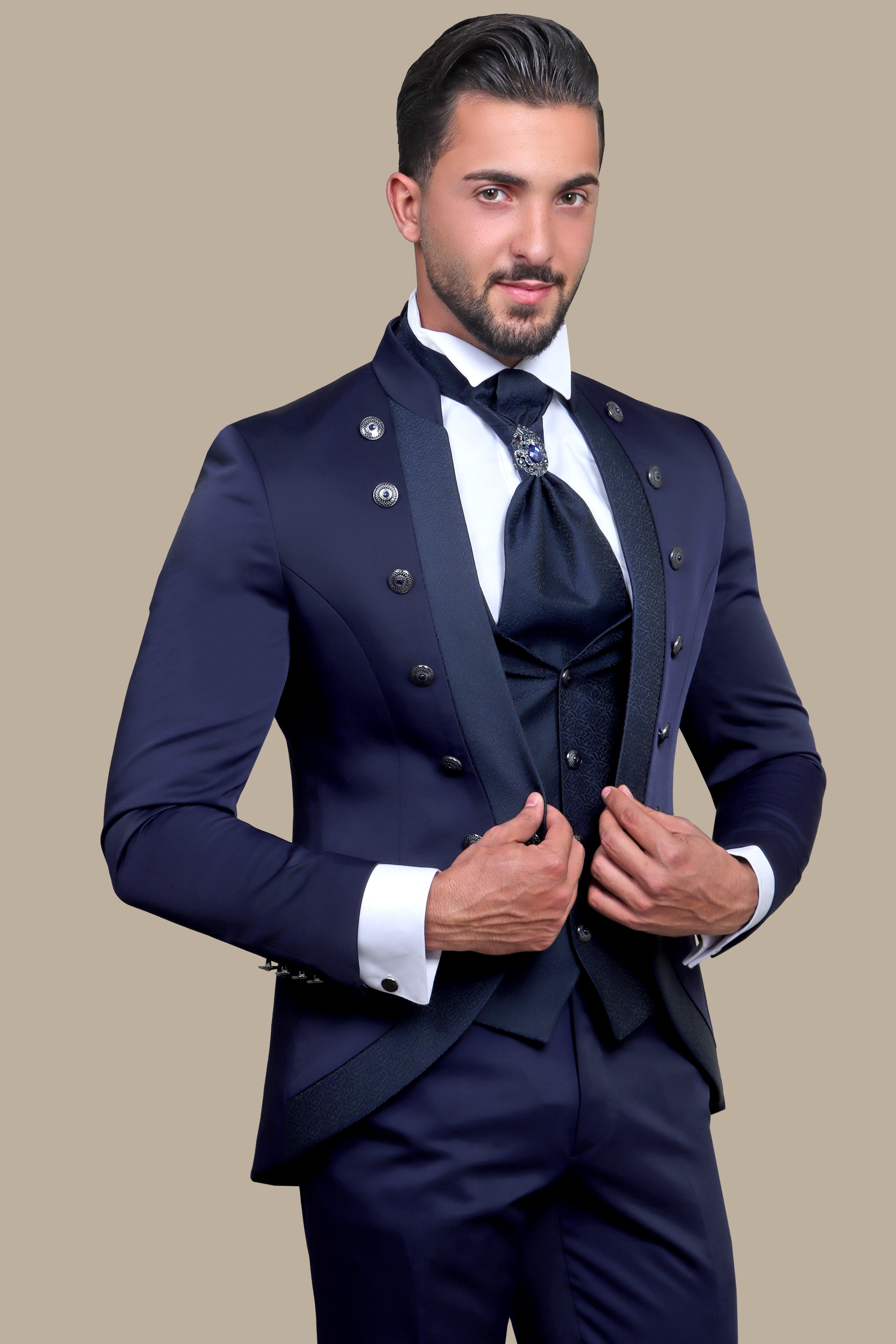 Navy 4-Piece Mao Collar Tuxedo with 12 Buttons