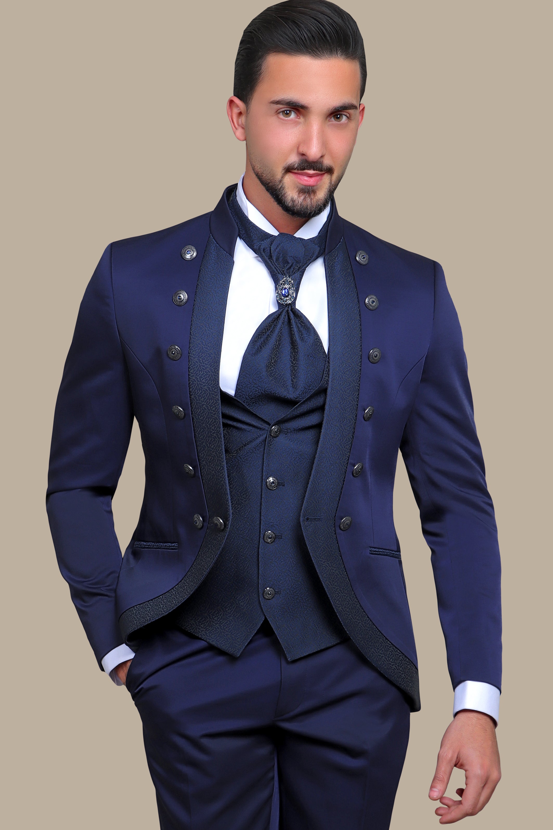 Navy 4-Piece Mao Collar Tuxedo with 12 Buttons