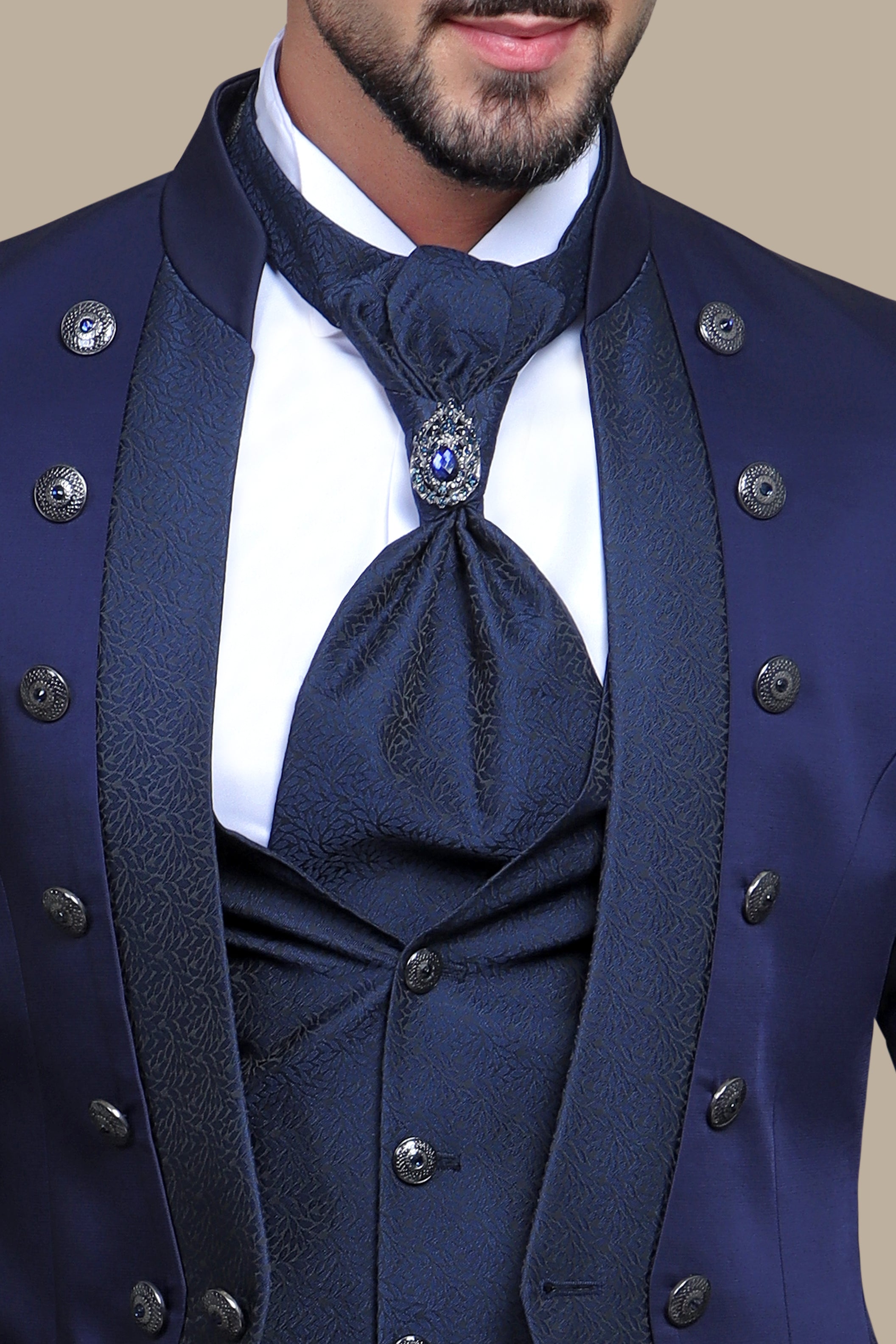 Navy 4-Piece Mao Collar Tuxedo with 12 Buttons