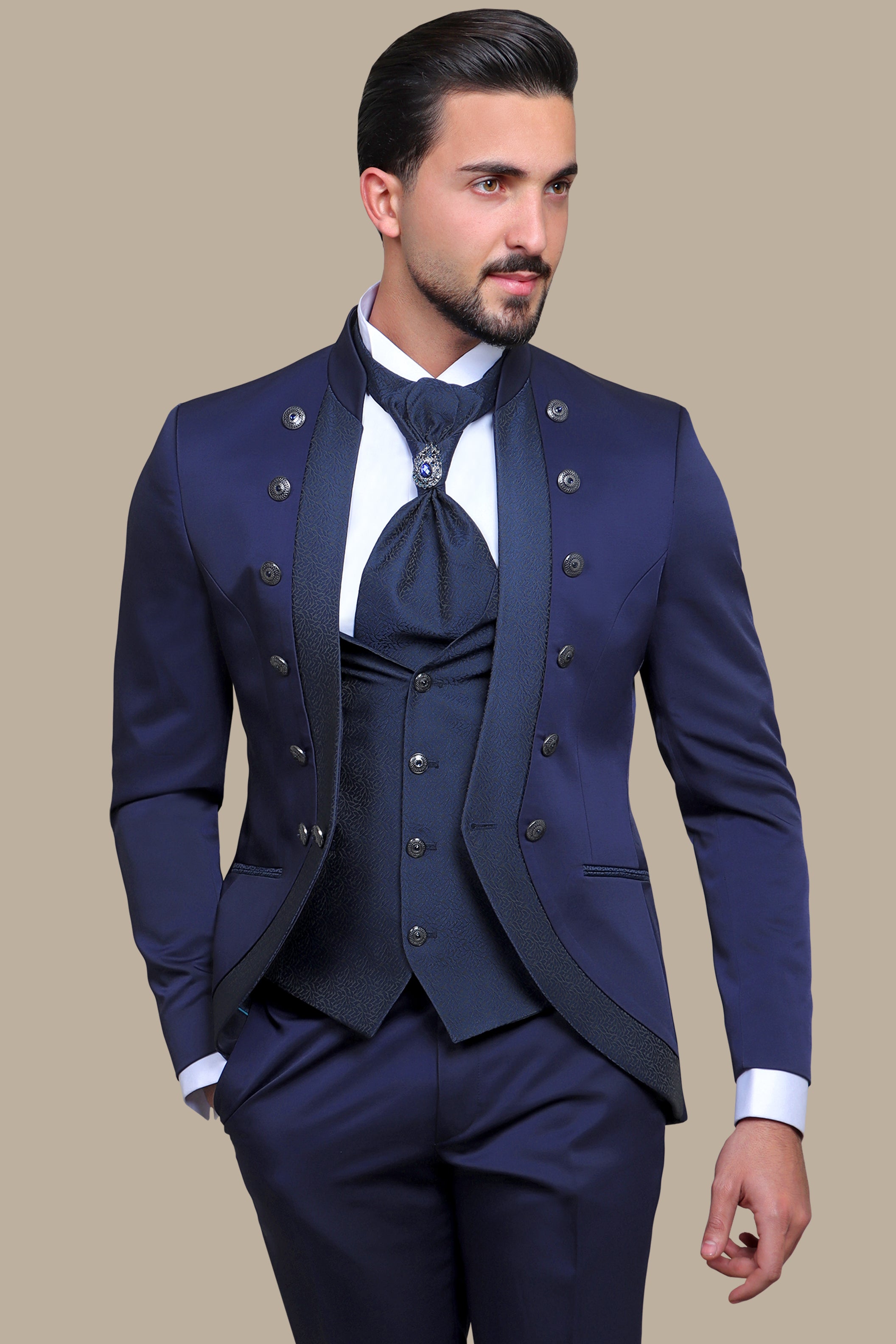 Navy 4-Piece Mao Collar Tuxedo with 12 Buttons