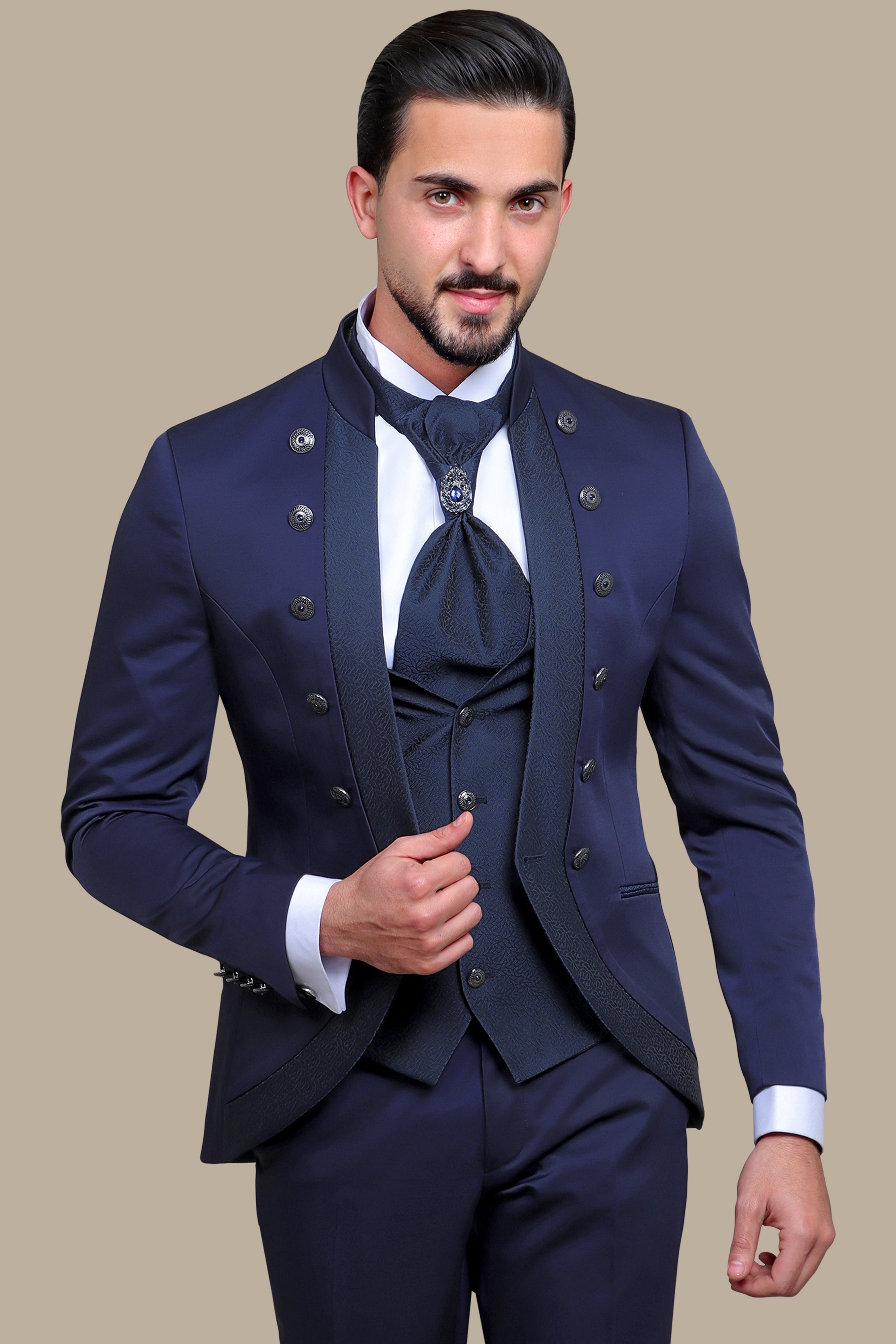 Navy 4-Piece Mao Collar Tuxedo with 12 Buttons