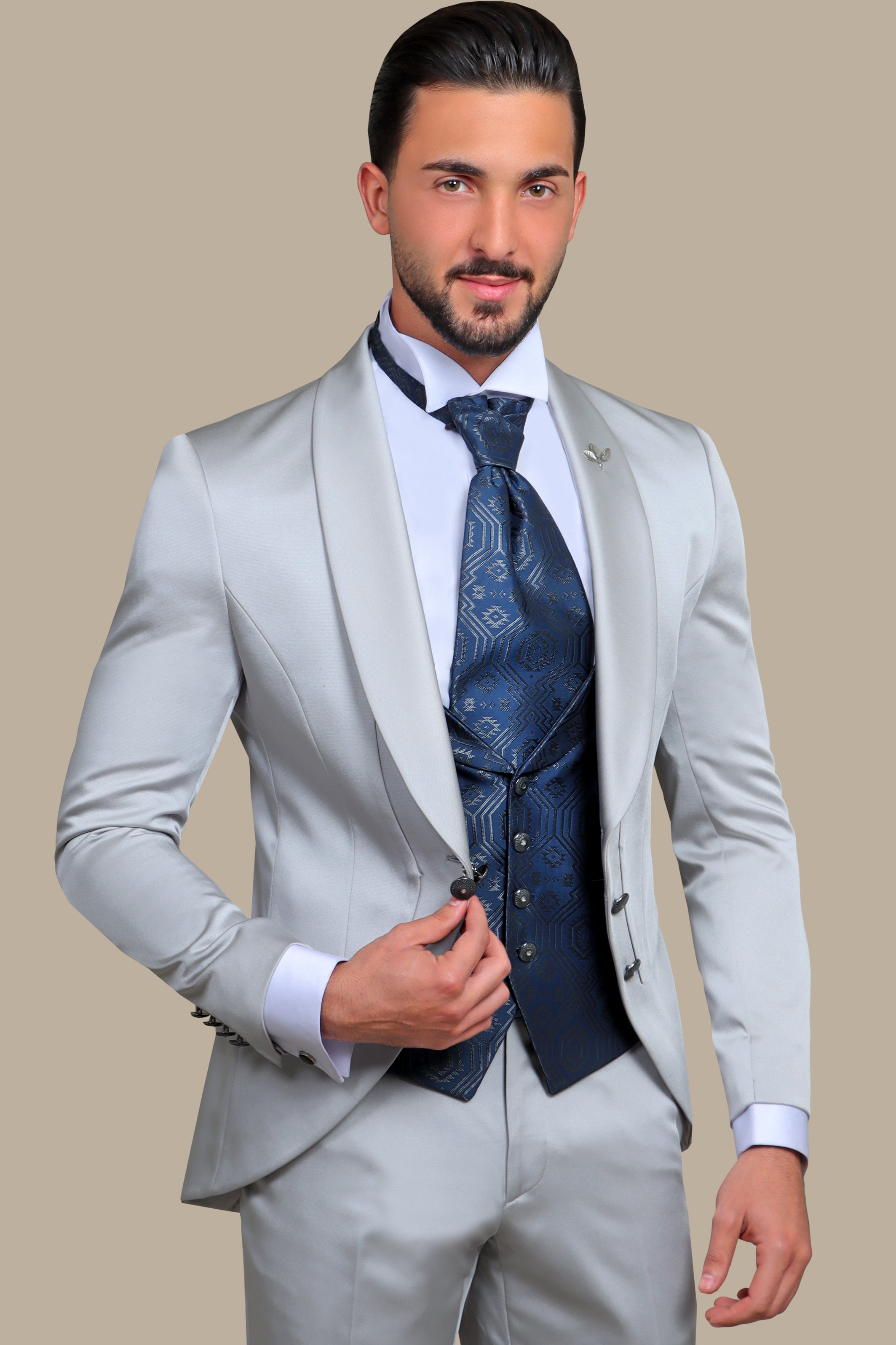 Timeless Sophistication: Silver 6-Button Shawl Collar Tuxedo