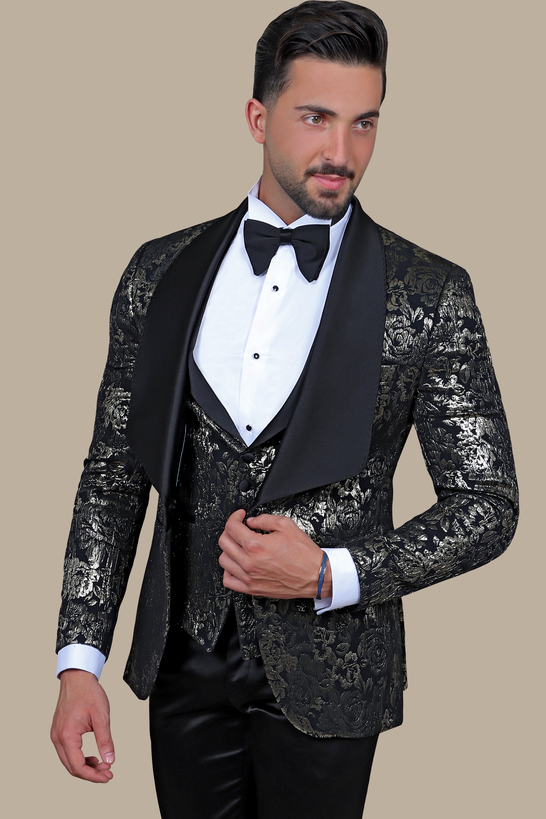 Gold Jacquard Tuxedo with Wide Col Chale | 4 Pieces