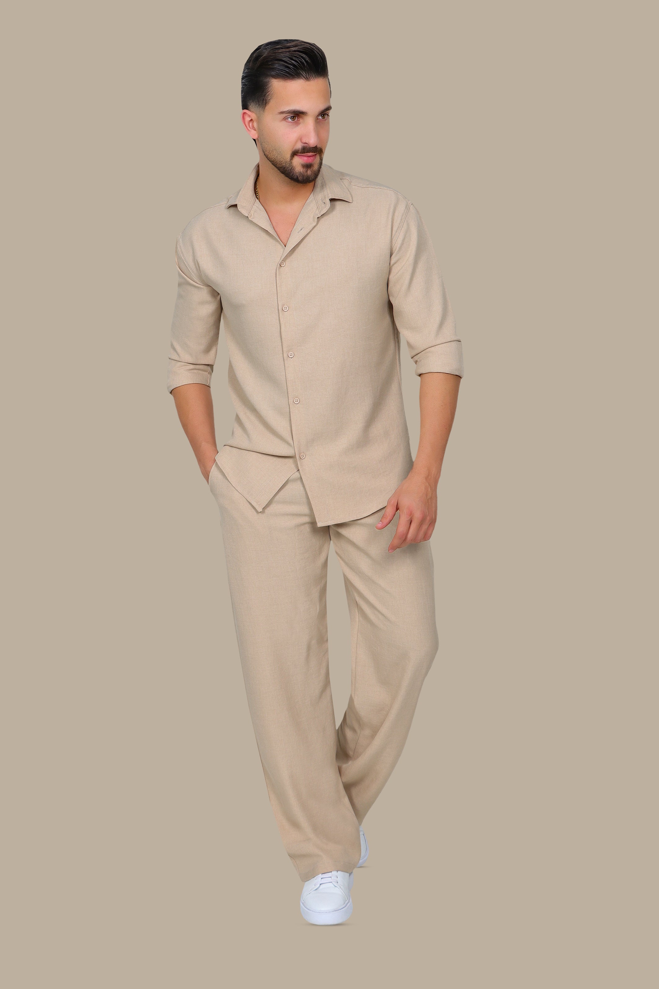 Beige Linen Loose Long Sleeve Tracksuit