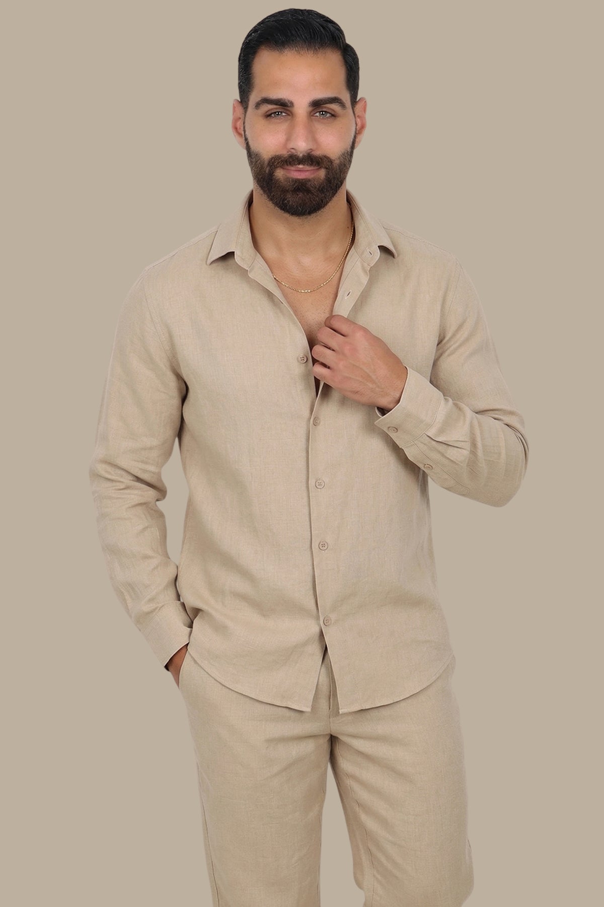 Beige Linen Loose Long Sleeve Tracksuit