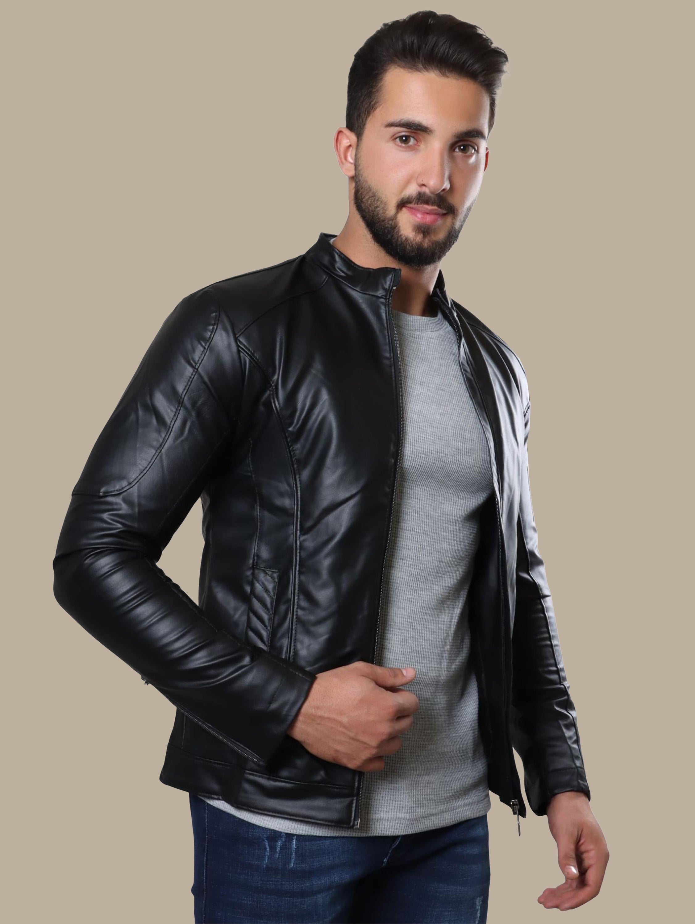 Jacket Faux Leather Shinny Sleeves Zipper | Black