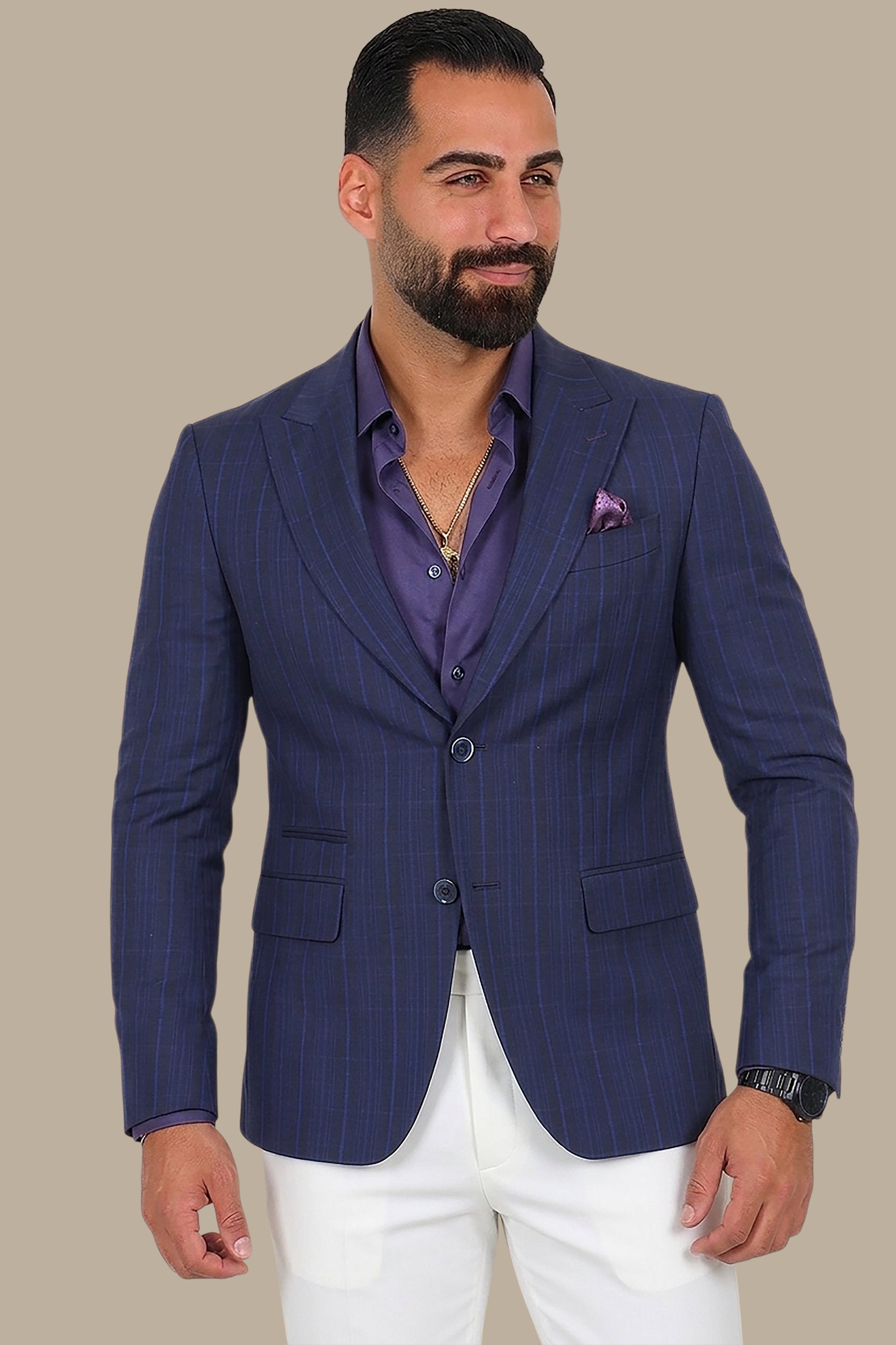 Checked Peak Blazer – Navy