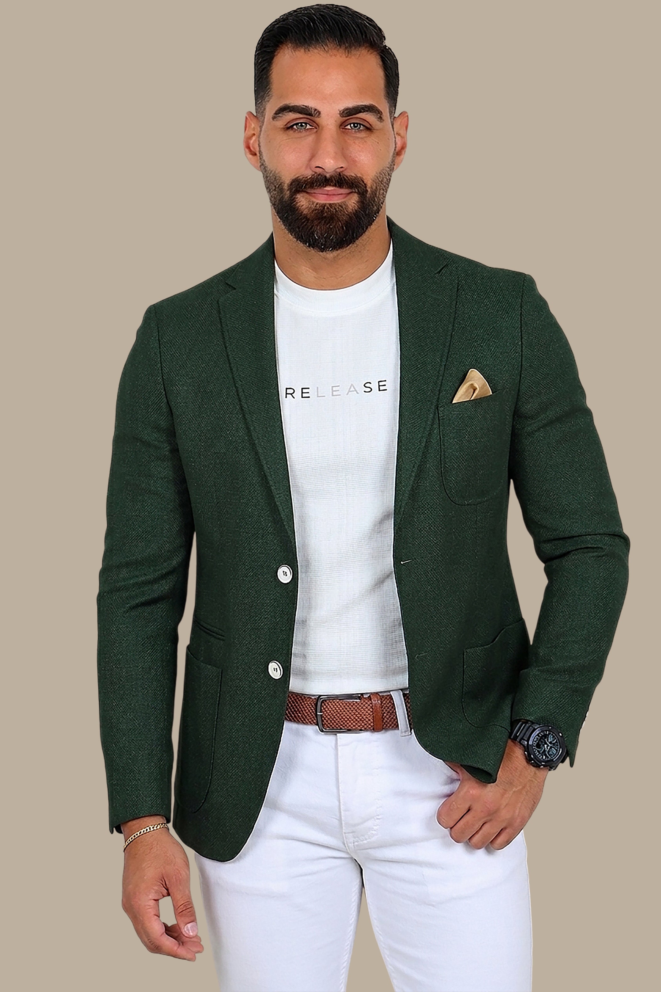 Khaki Structured Blazer with 3 Patch Pocket