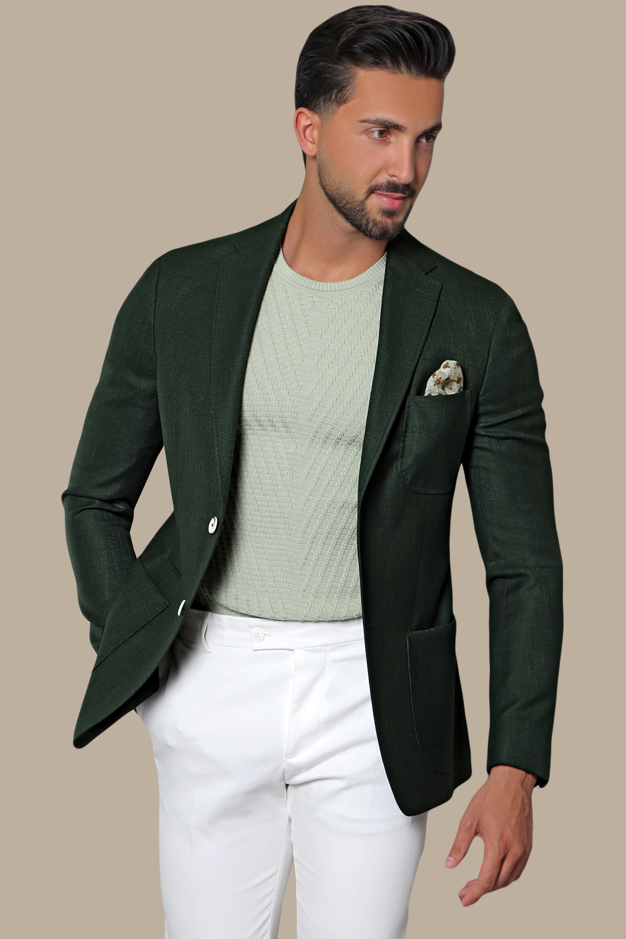 Khaki Structured Blazer with 3 Patch Pocket