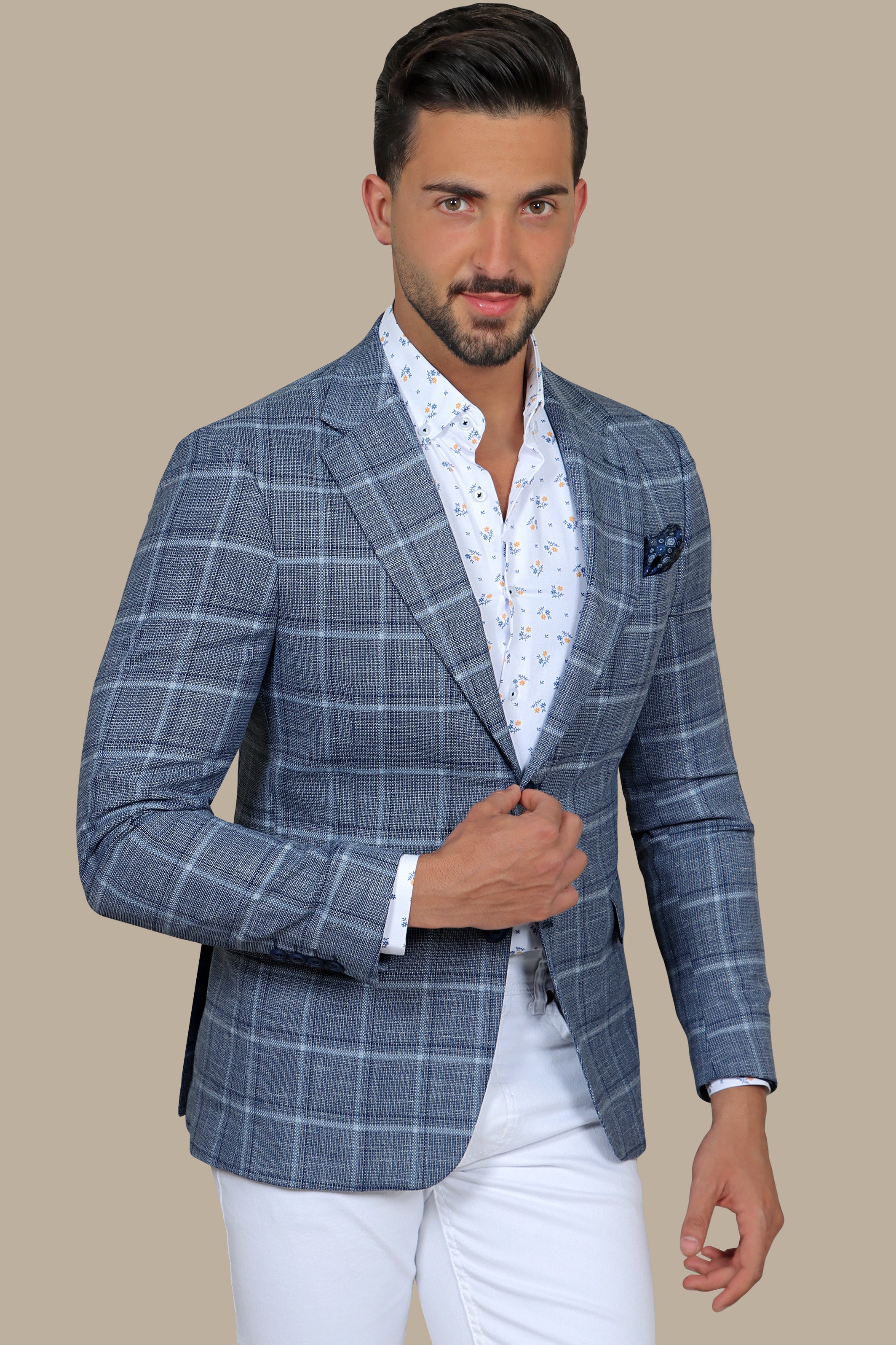 Blue Big Checked Blazer with Notch Lapel