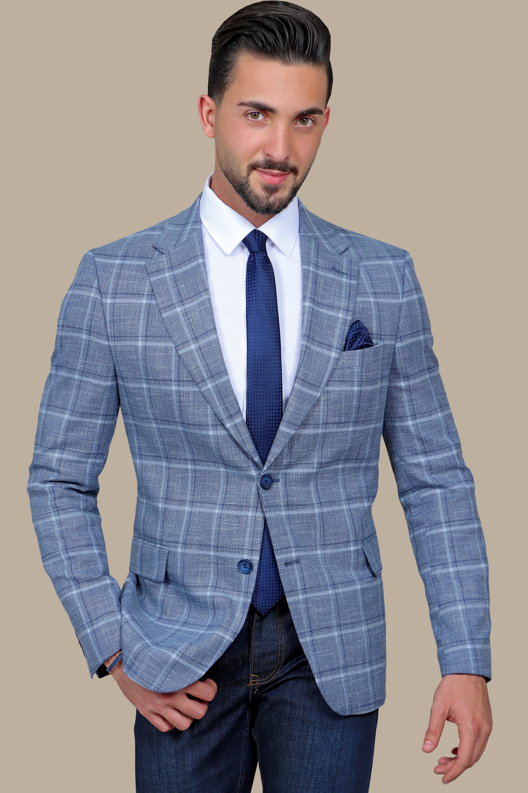 Blue Big Checked Blazer with Notch Lapel