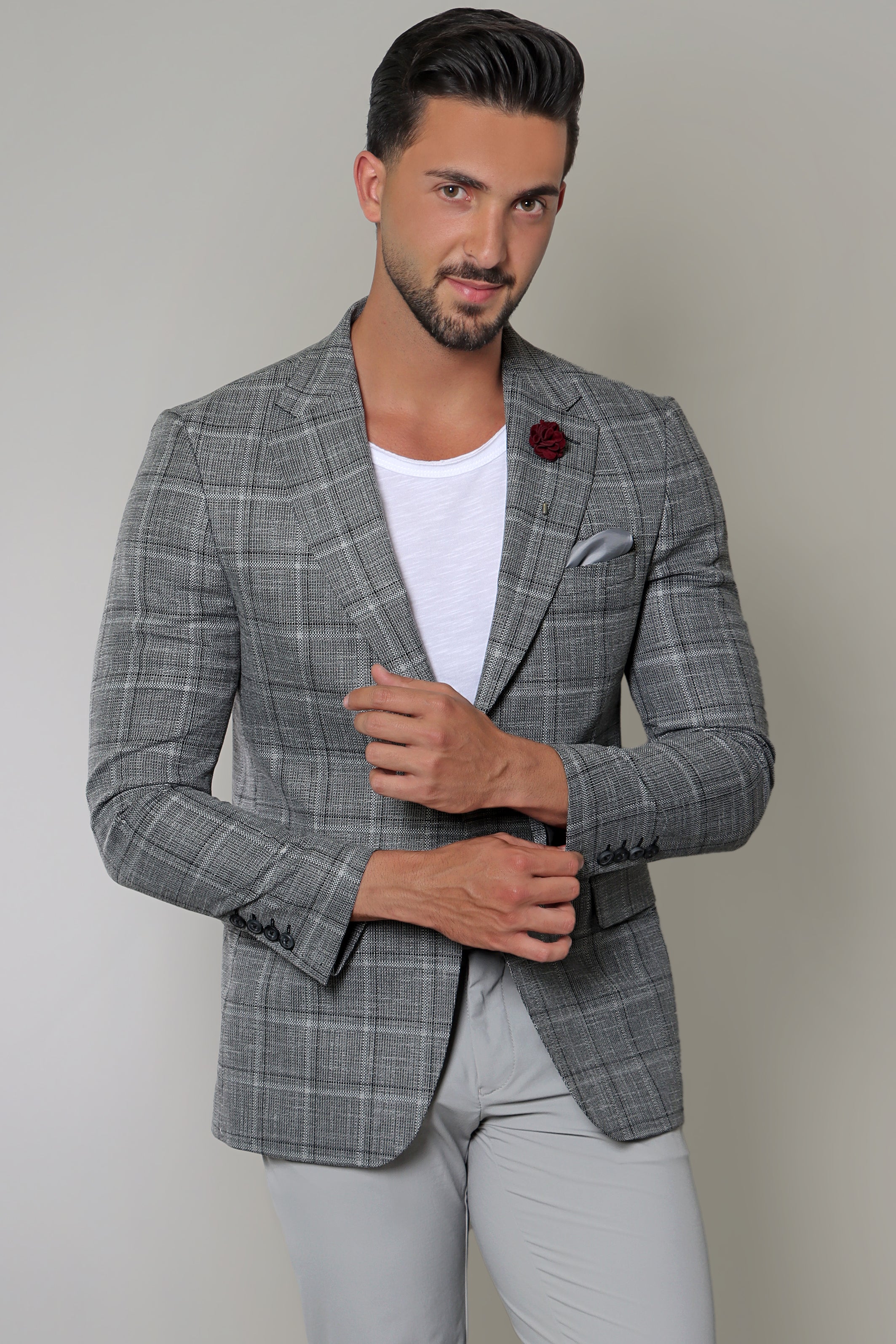 Gray Big Check Blazer with Notch Lapel