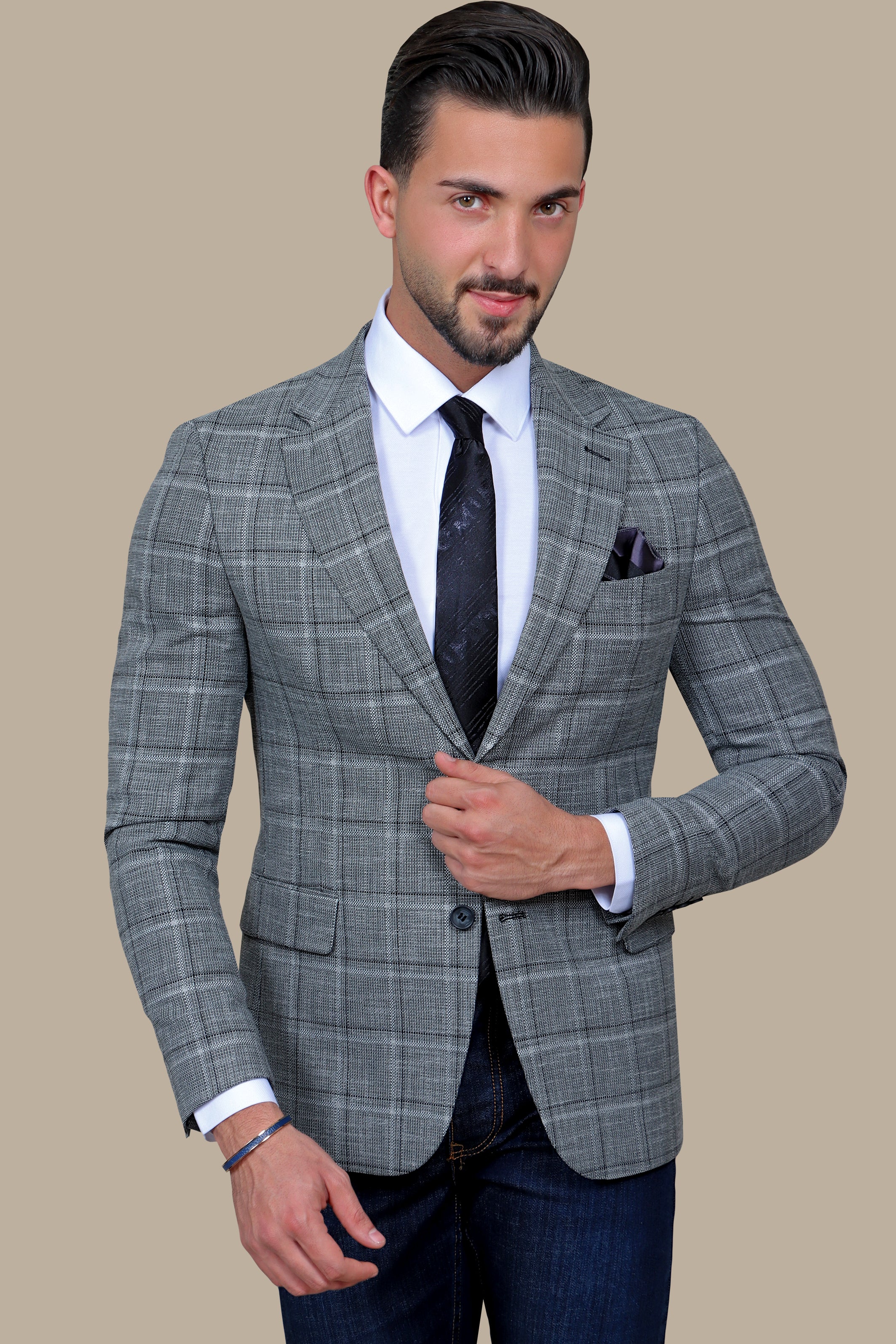 Gray Big Check Blazer with Notch Lapel