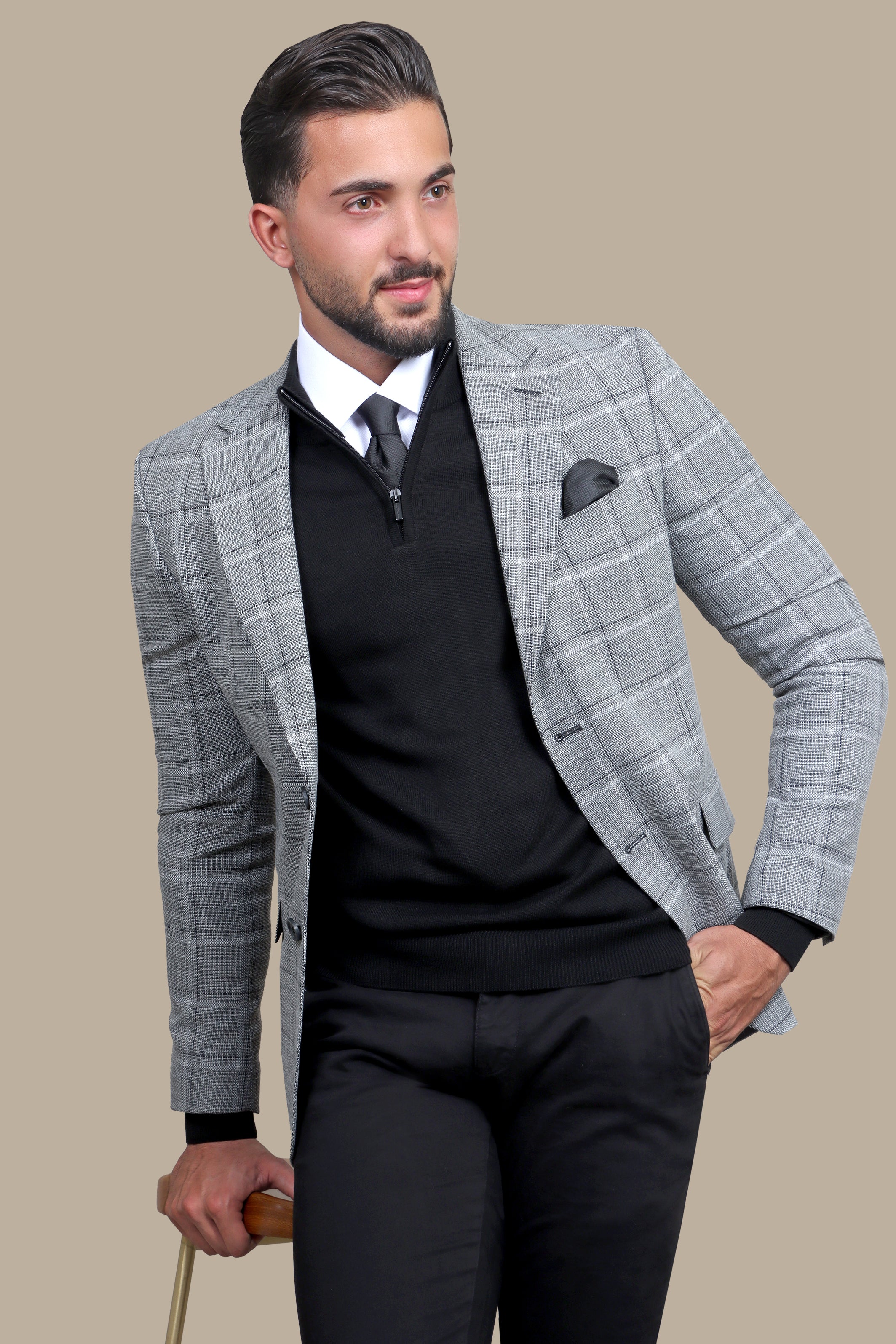 Gray Big Check Blazer with Notch Lapel