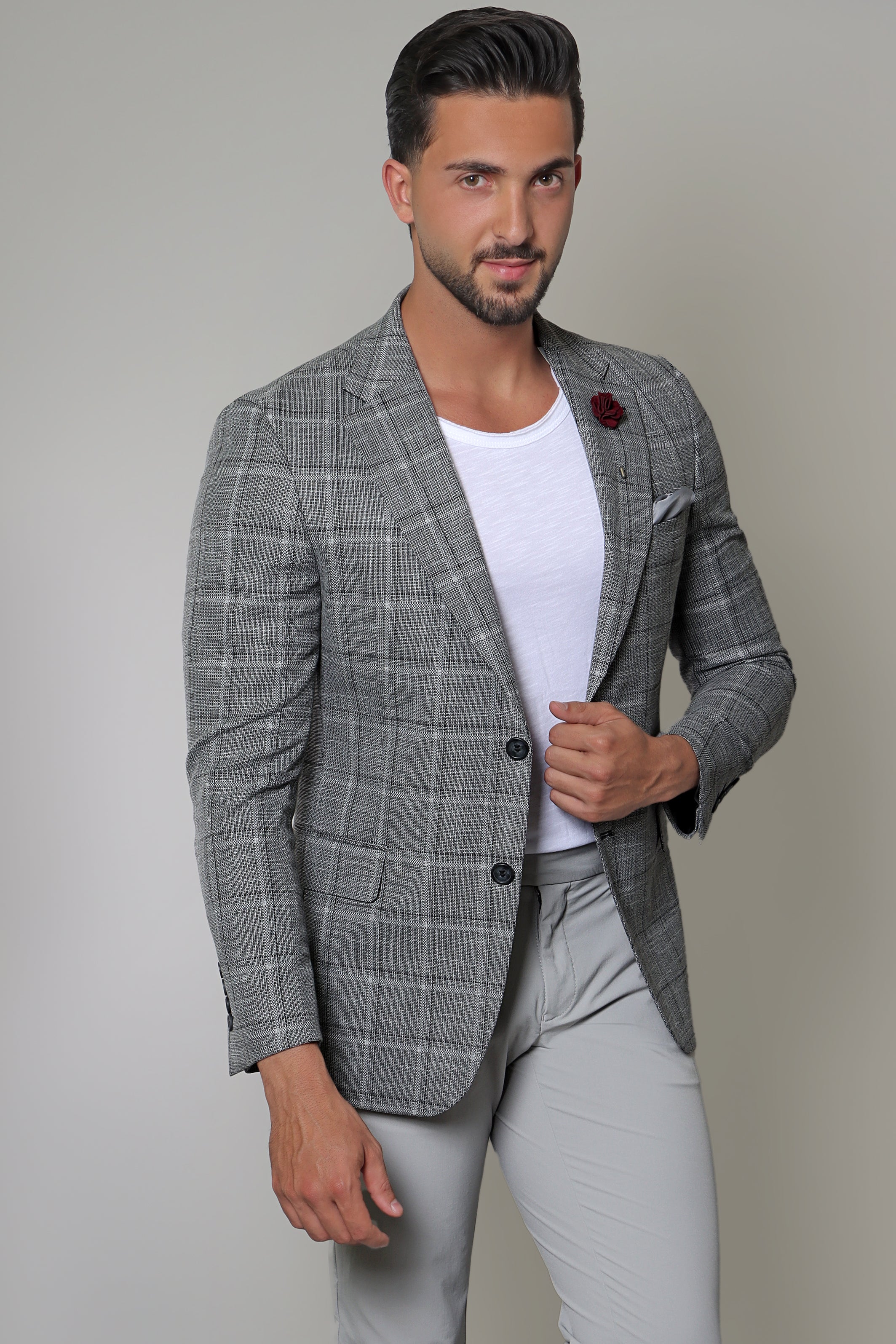 Gray Big Check Blazer with Notch Lapel