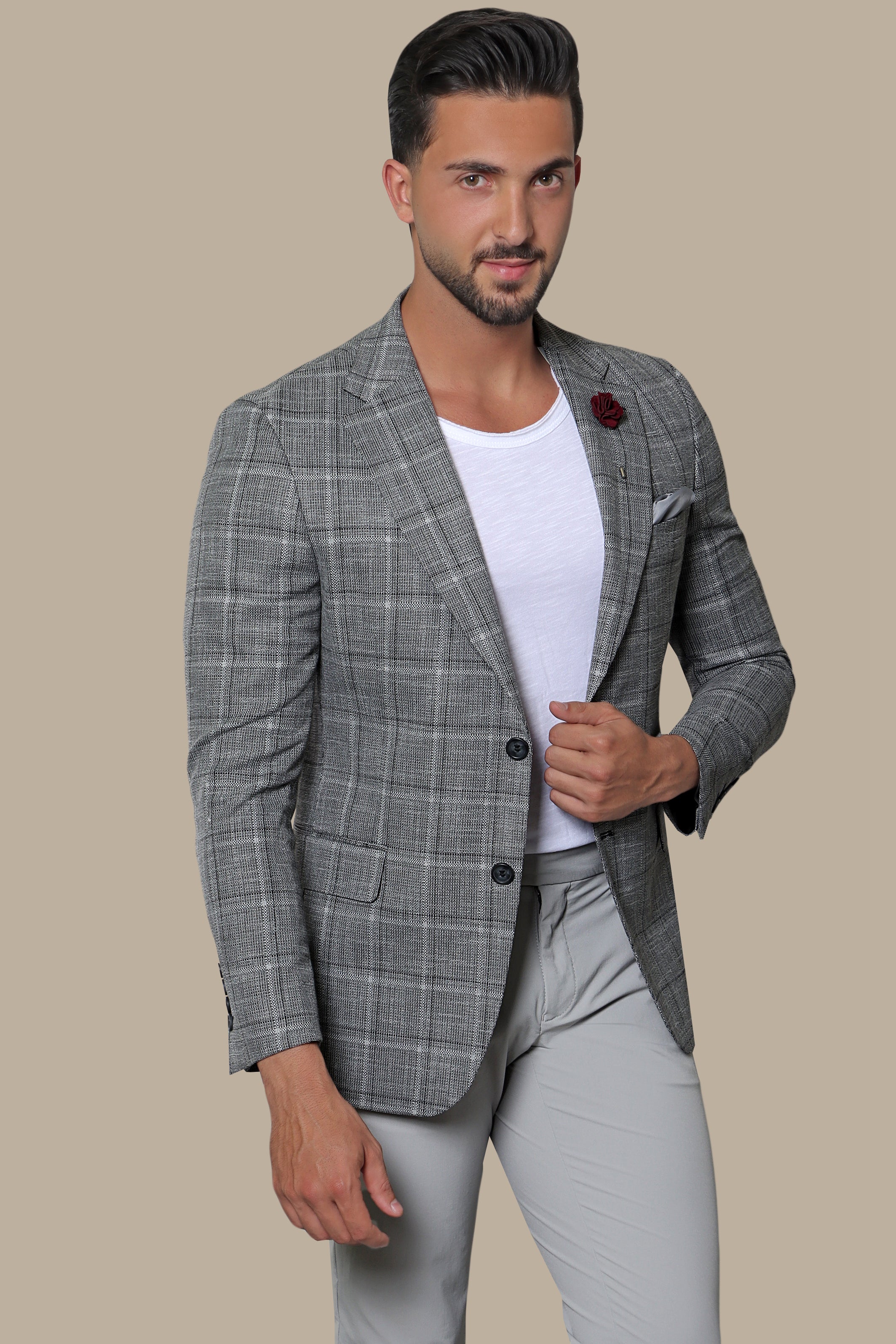 Gray Big Check Blazer with Notch Lapel