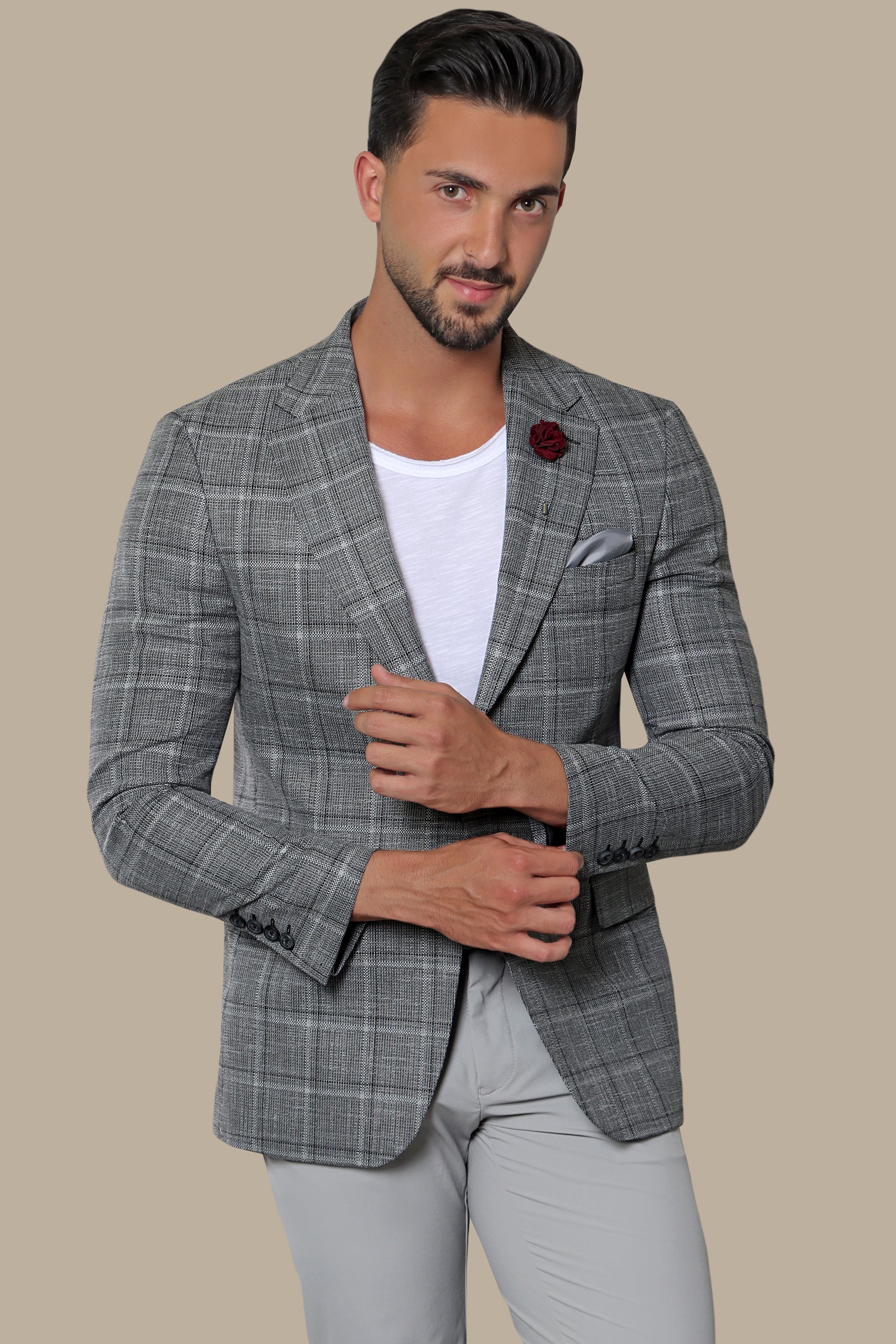 Gray Big Check Blazer with Notch Lapel