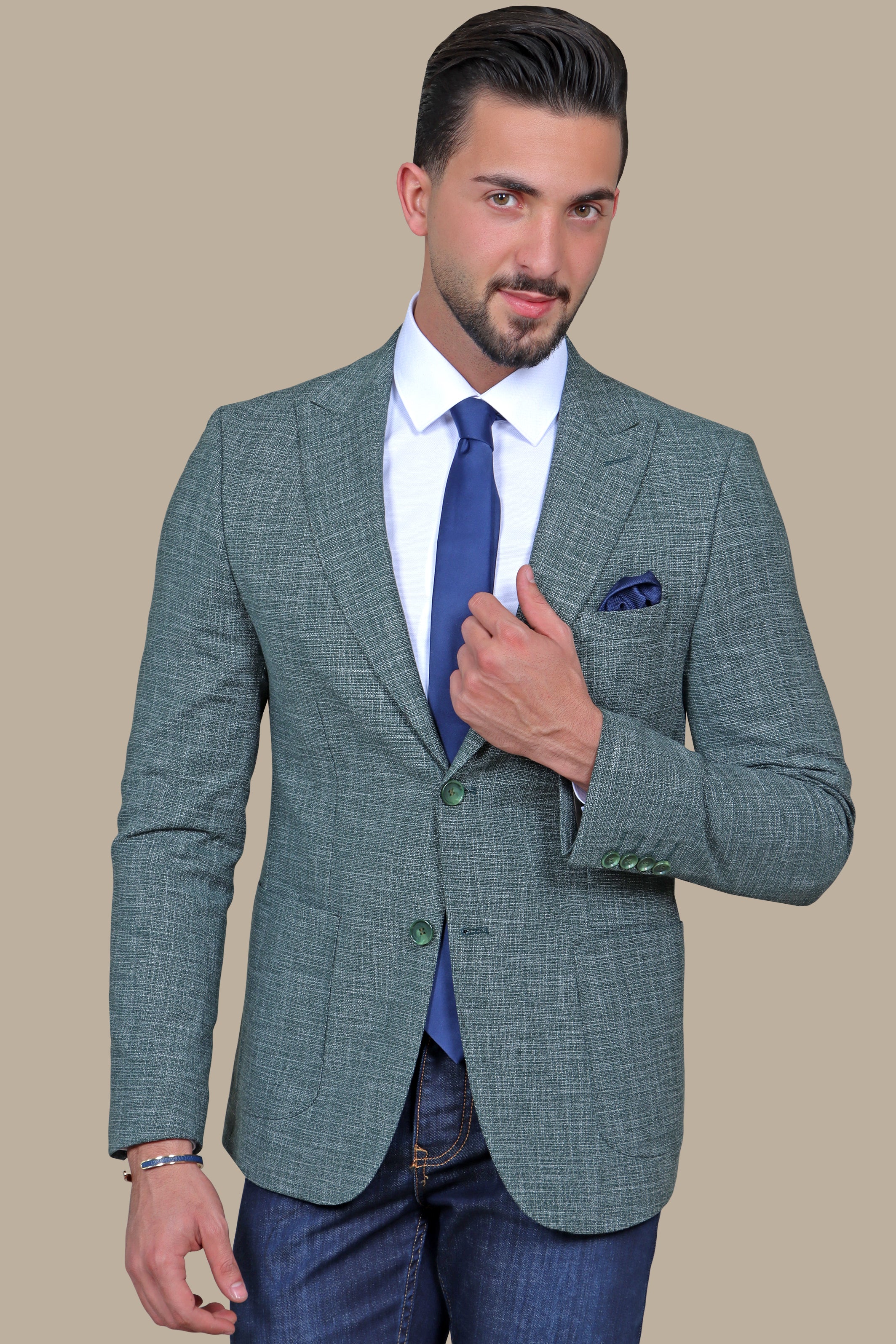 Green Cotton Fil-a-Fil Blazer with Peak Lapel