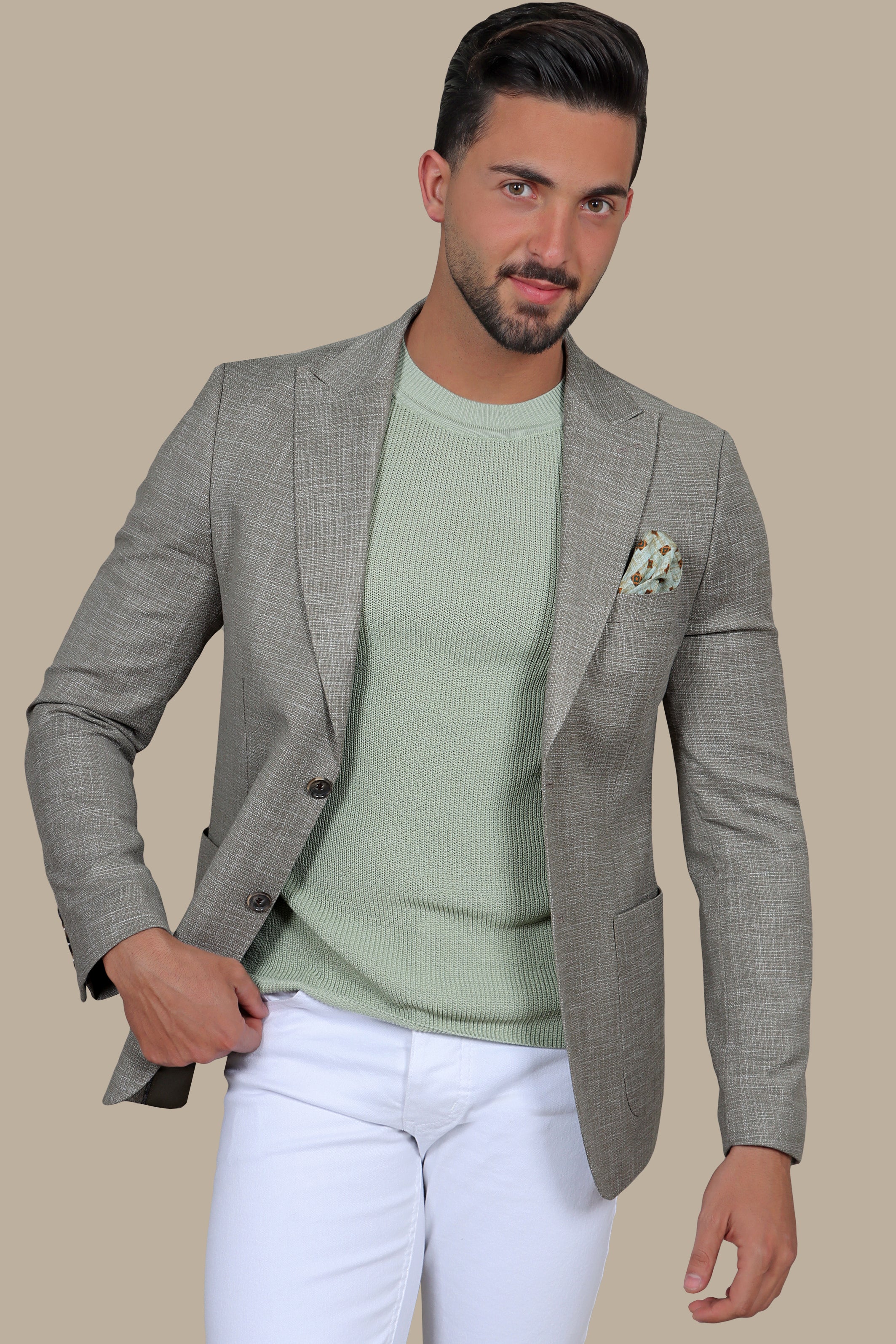 Olive Cotton Fil-a-Fil Blazer with Peak Lapel