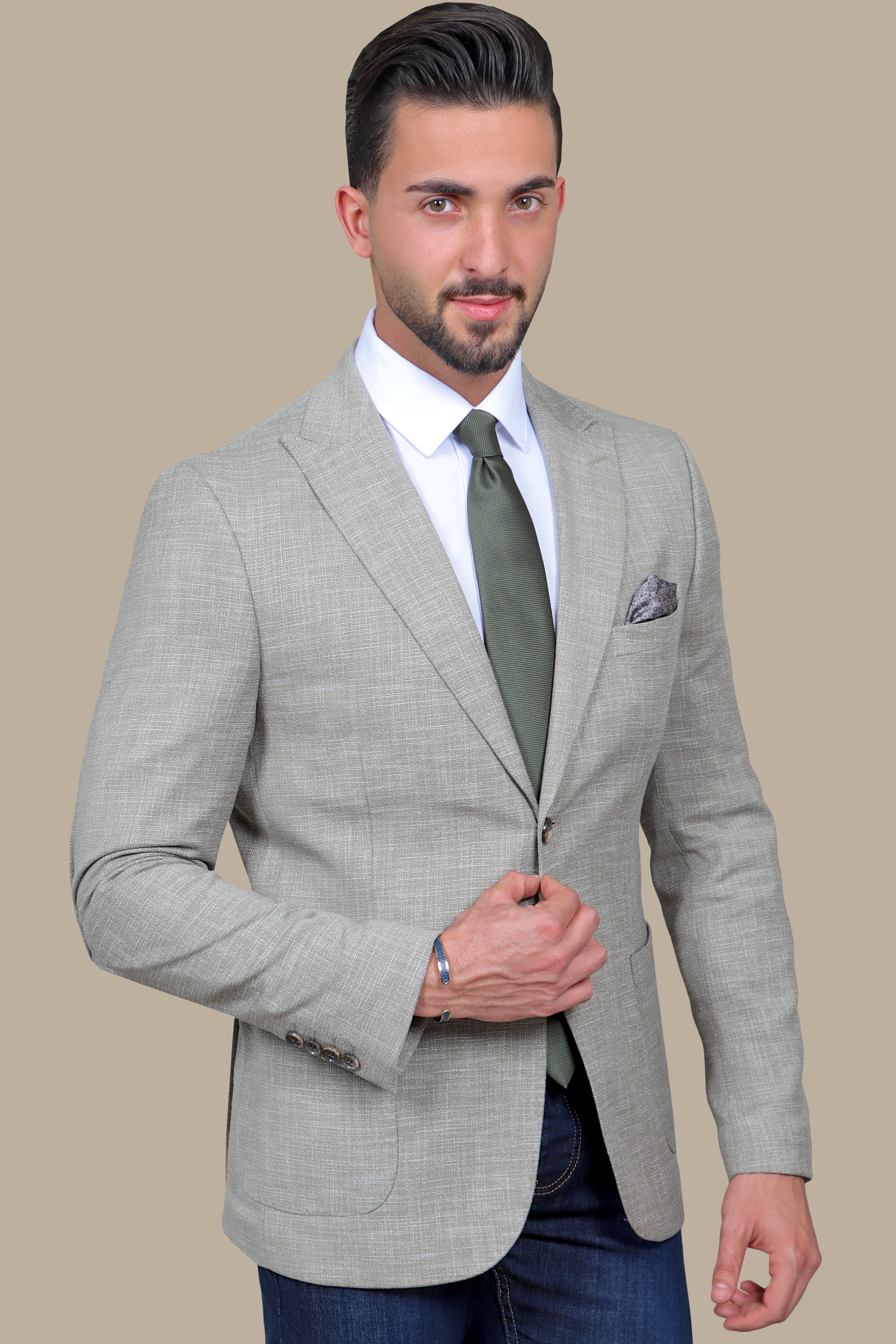 Olive Cotton Fil-a-Fil Blazer with Peak Lapel