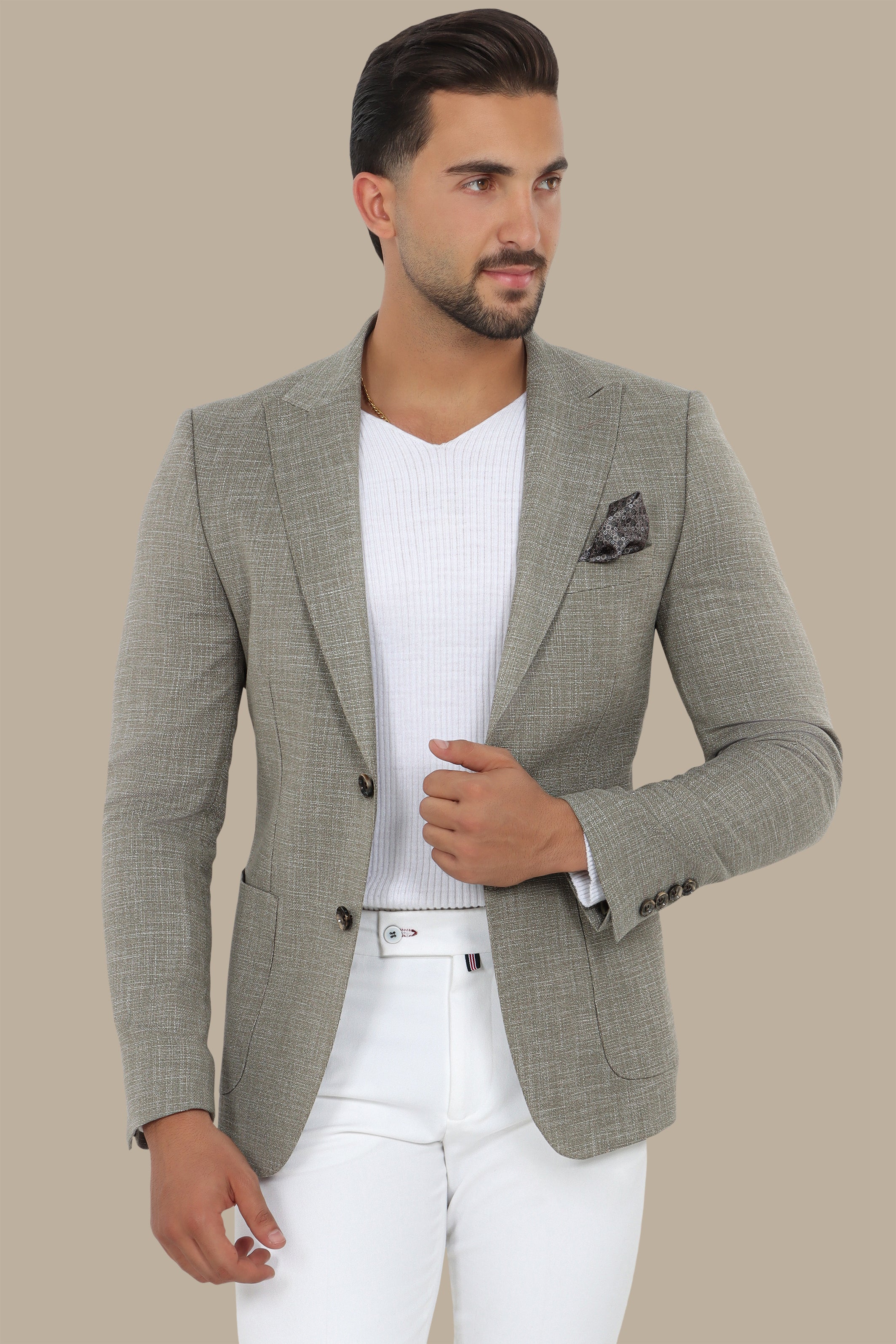 Olive Cotton Fil-a-Fil Blazer with Peak Lapel