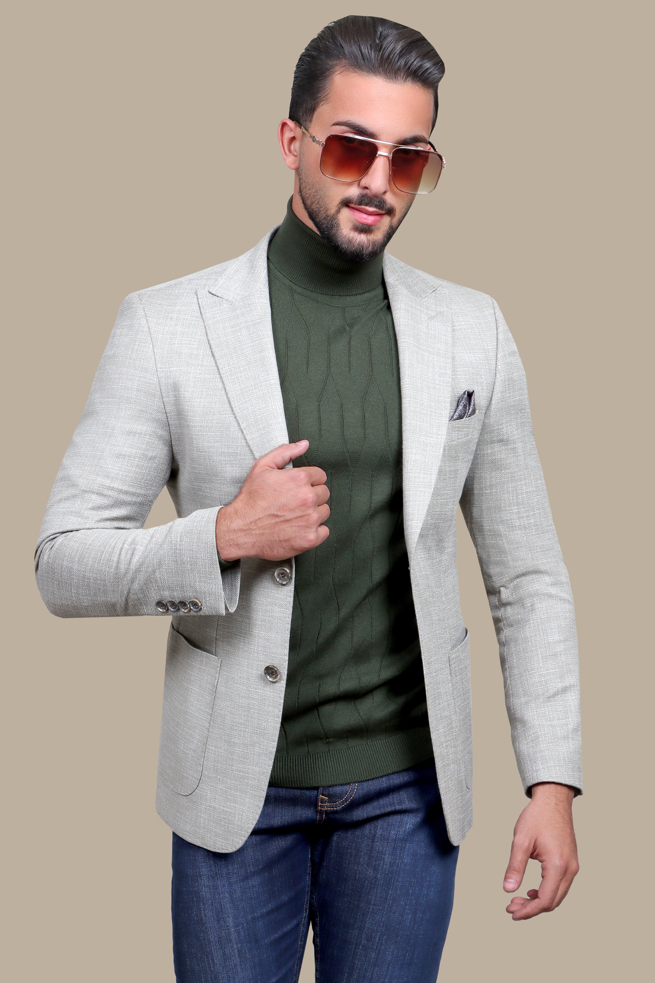 Olive Cotton Fil-a-Fil Blazer with Peak Lapel