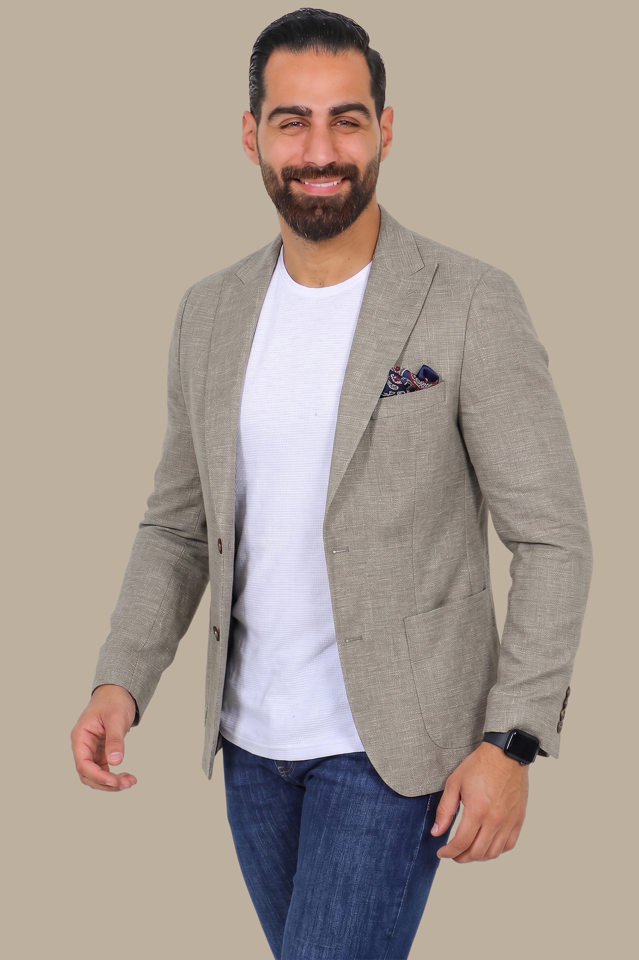 Olive Cotton Fil-a-Fil Blazer with Peak Lapel