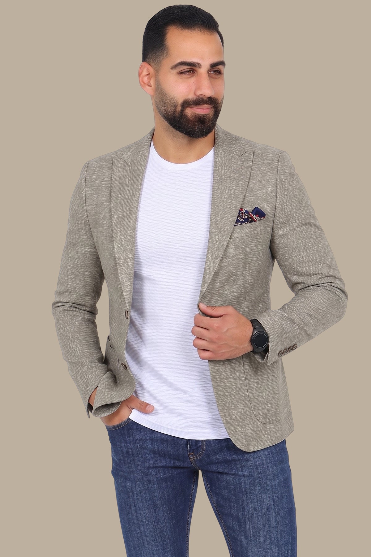 Olive Cotton Fil-a-Fil Blazer with Peak Lapel