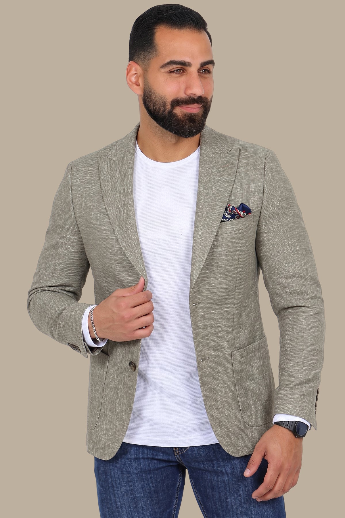 Olive Cotton Fil-a-Fil Blazer with Peak Lapel