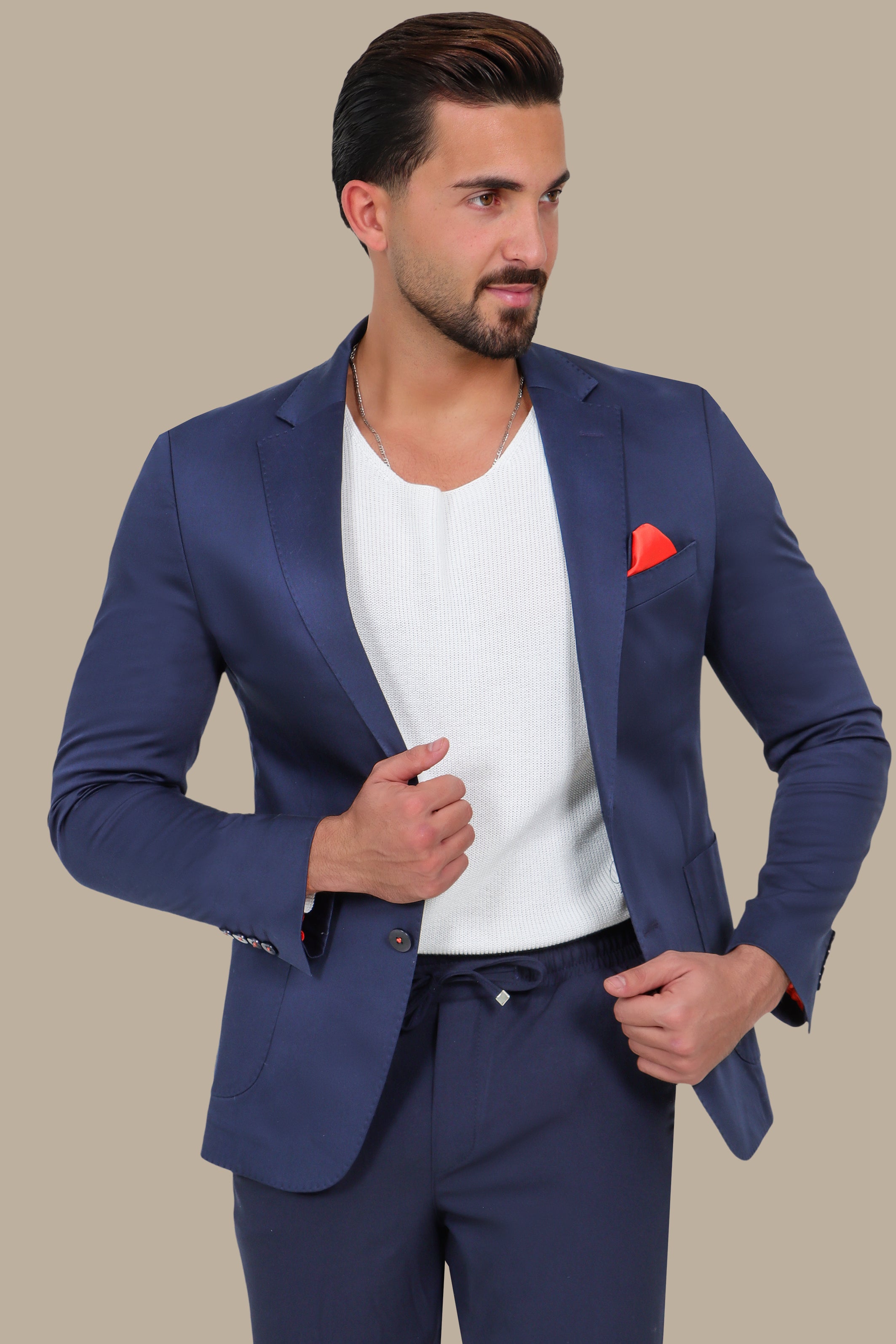 Navy Elegance: The Satin Patch Basic Blazer