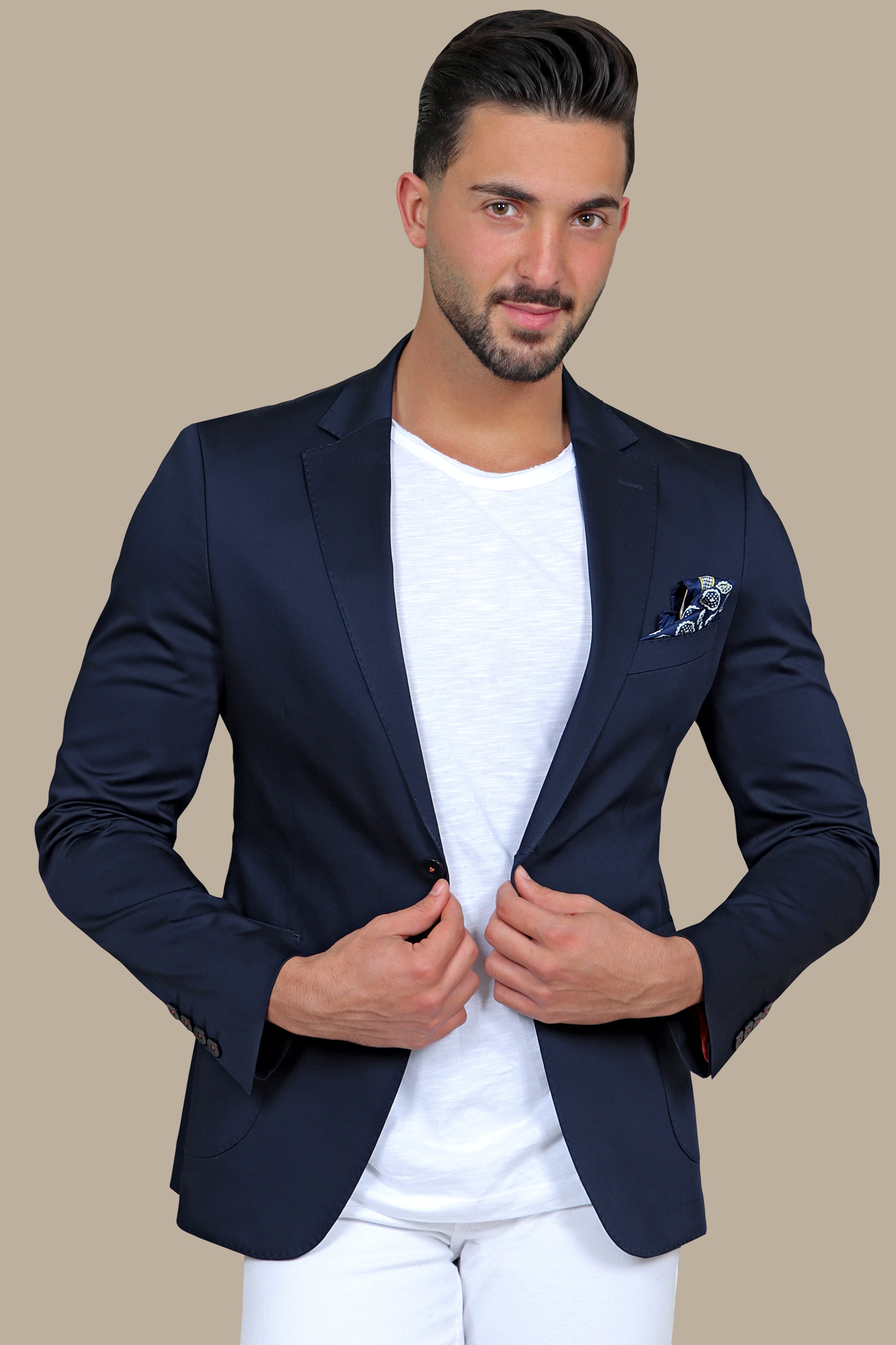 Navy Elegance: The Satin Patch Basic Blazer