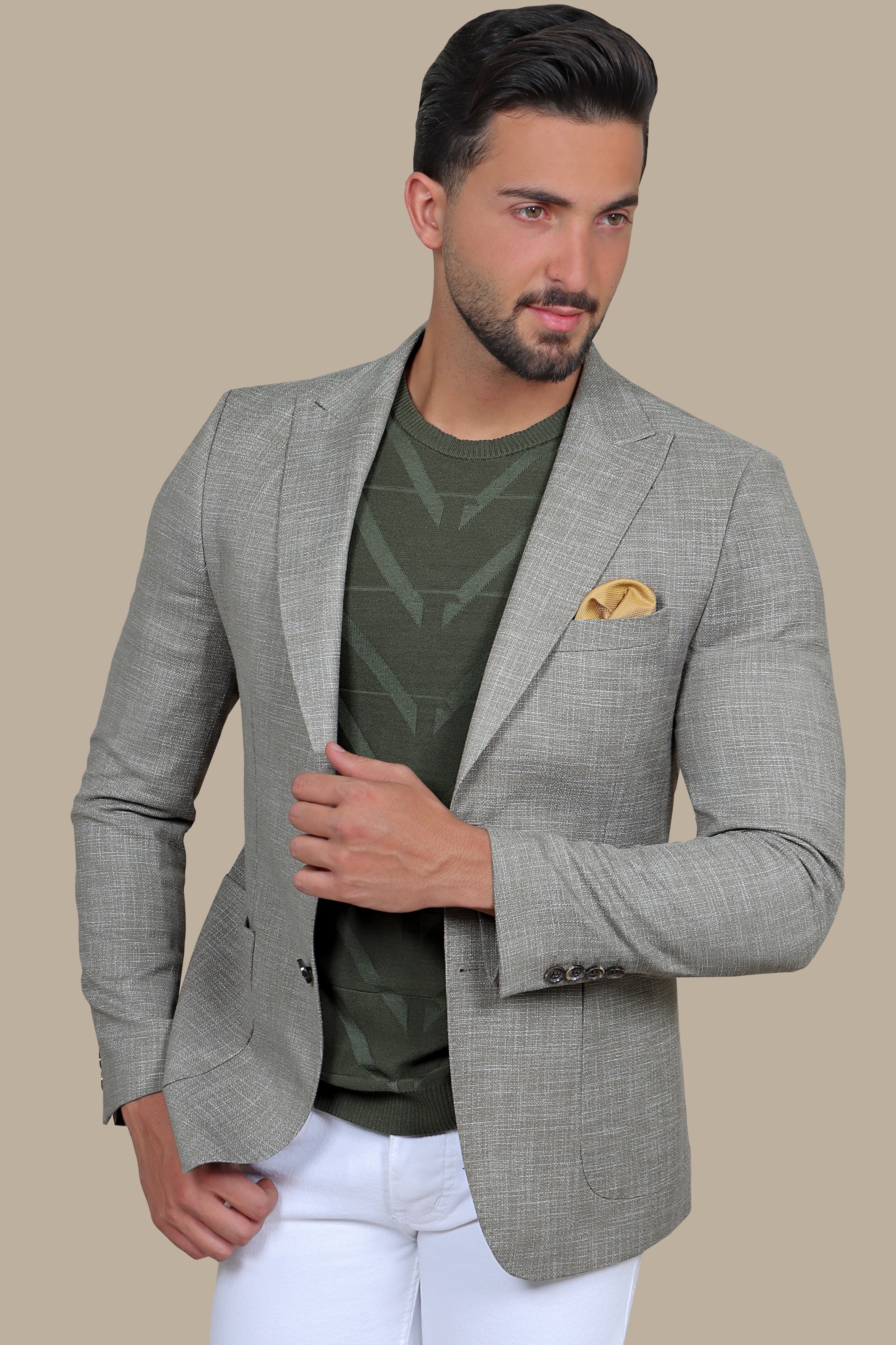 Olive Cotton Fil-a-Fil Blazer with Peak Lapel