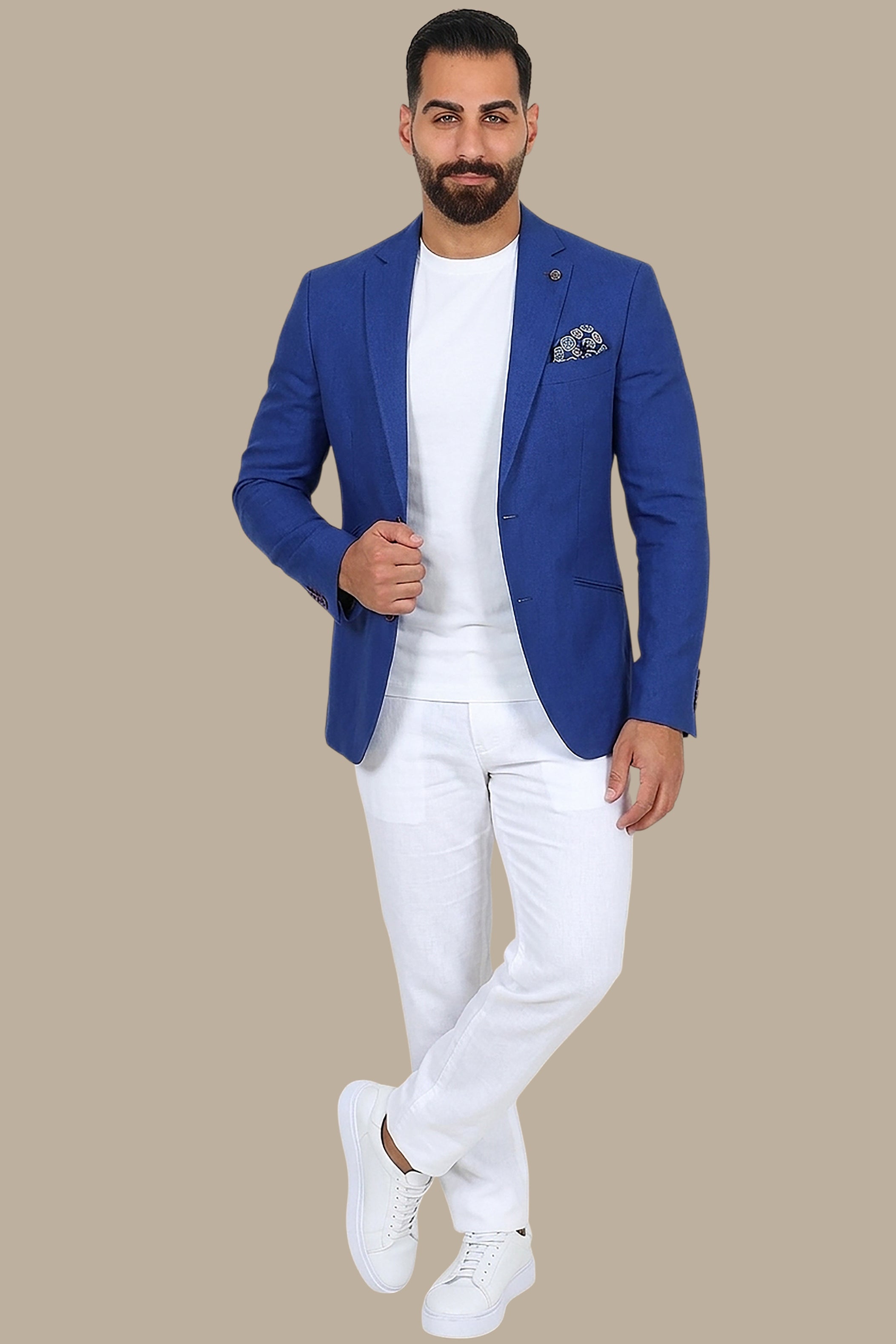 Indigo Elegance: Linen Blazer with Slanted Detail