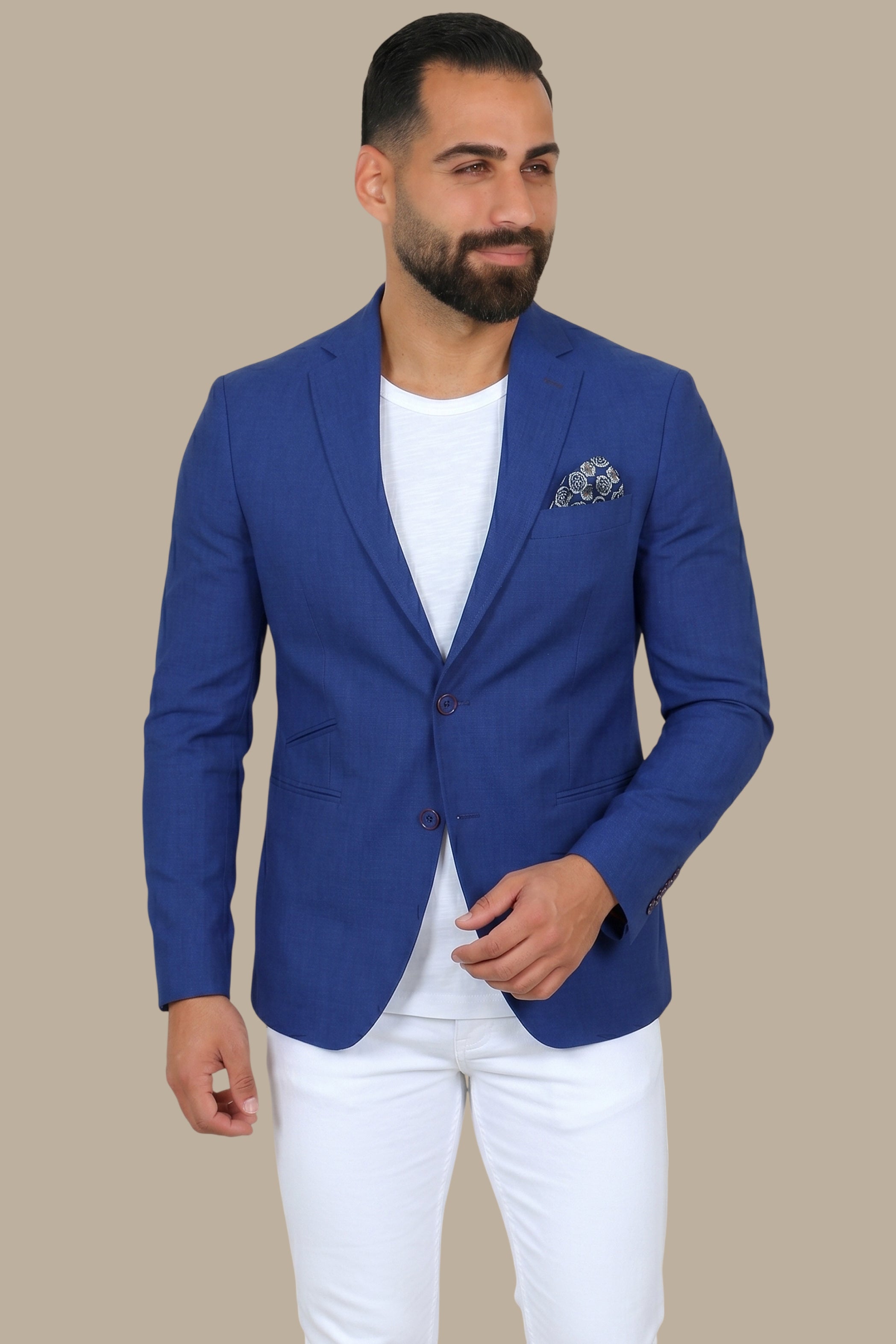 Indigo Elegance: Linen Blazer with Slanted Detail