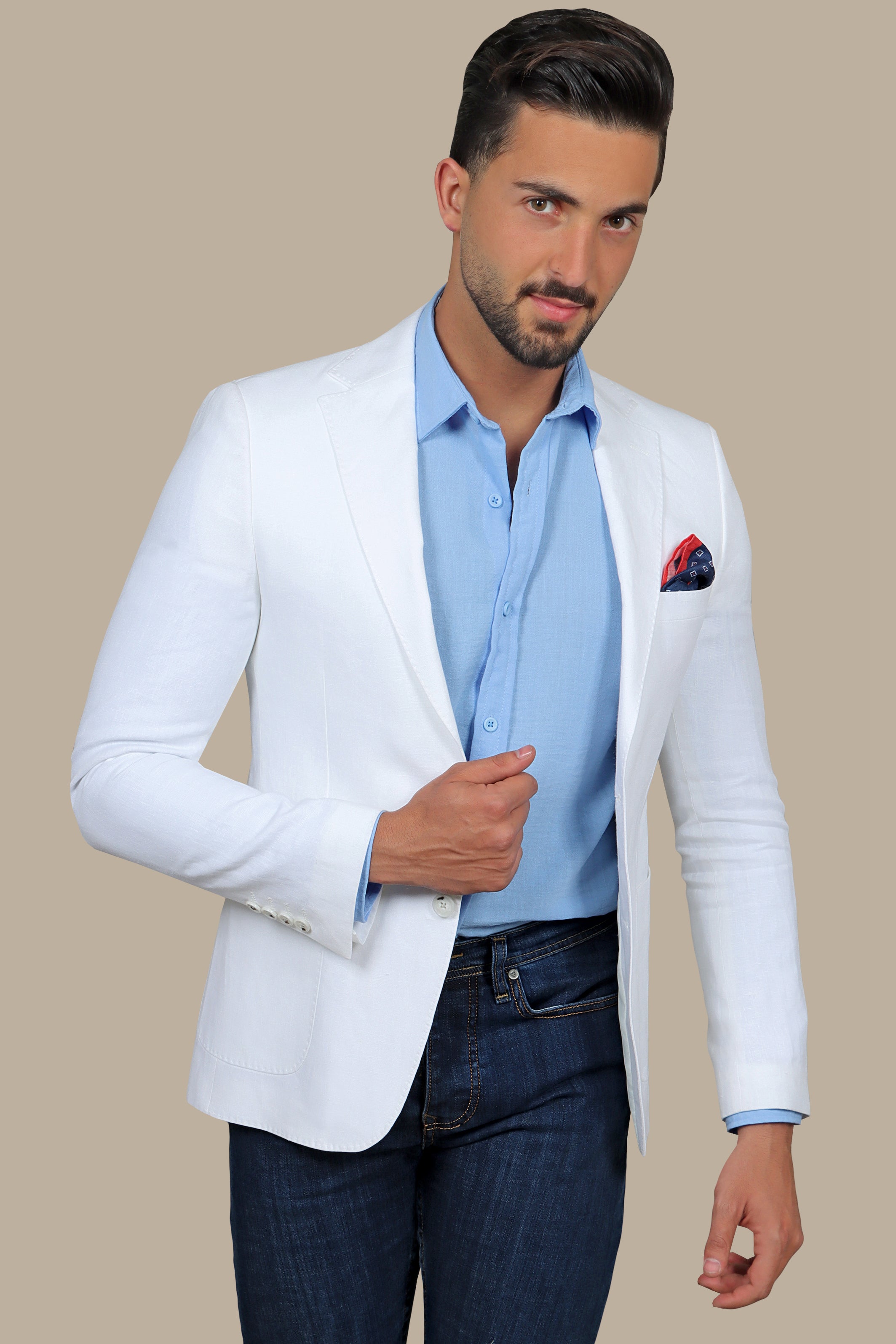 White Linen Blazer with Basic Patch Pockets