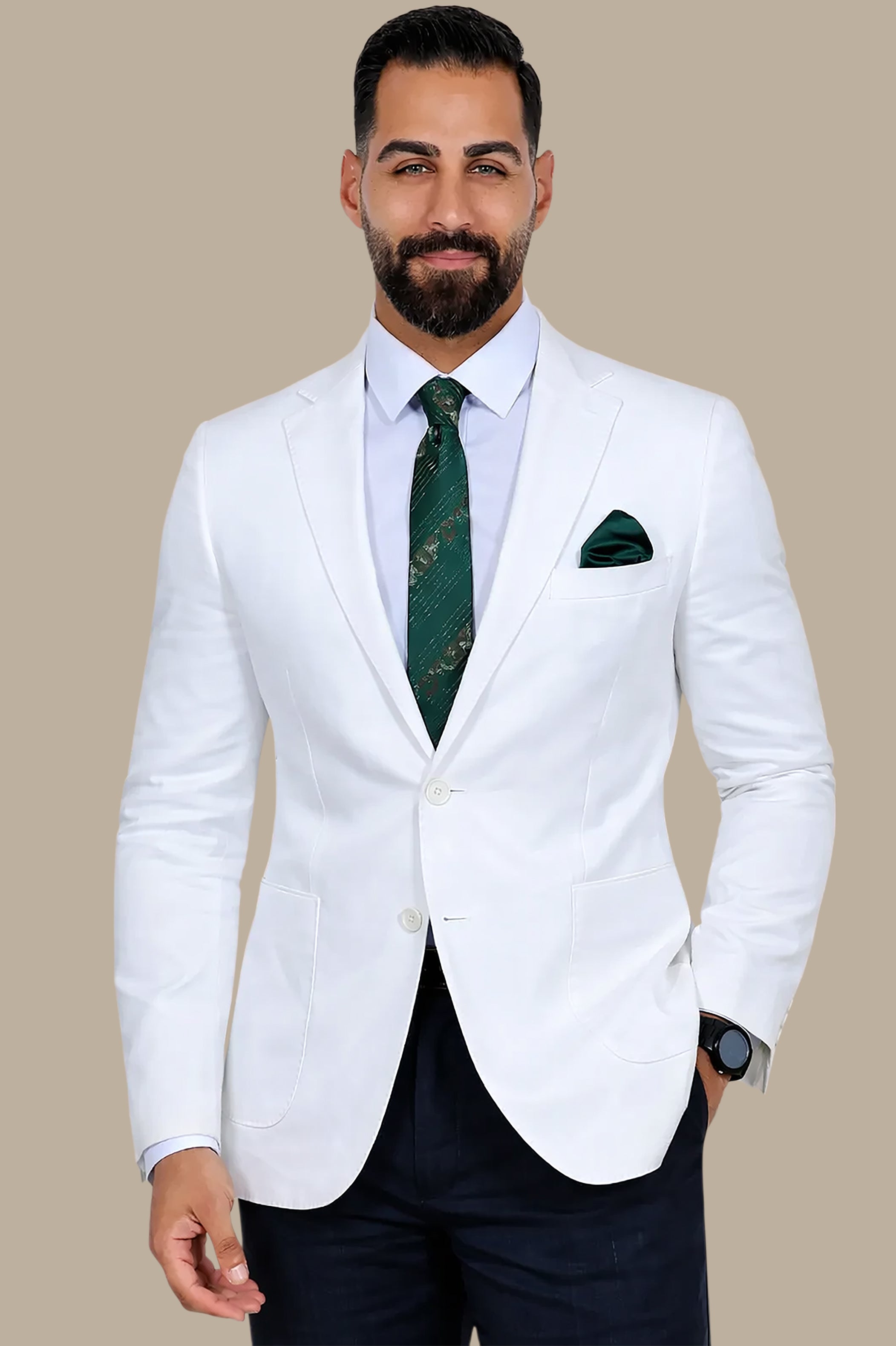 White Linen Blazer with Basic Patch Pockets