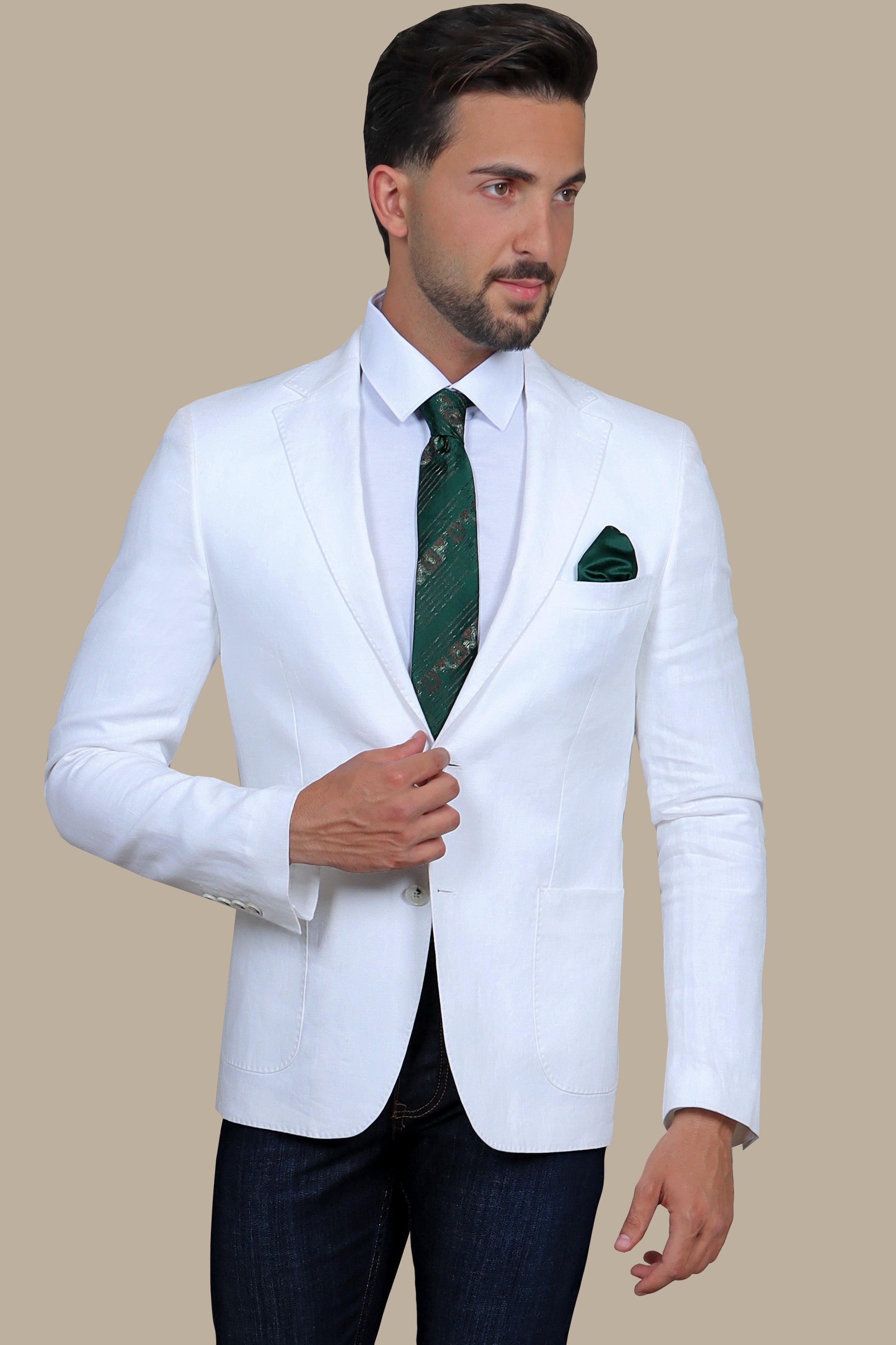 White Linen Blazer with Basic Patch Pockets