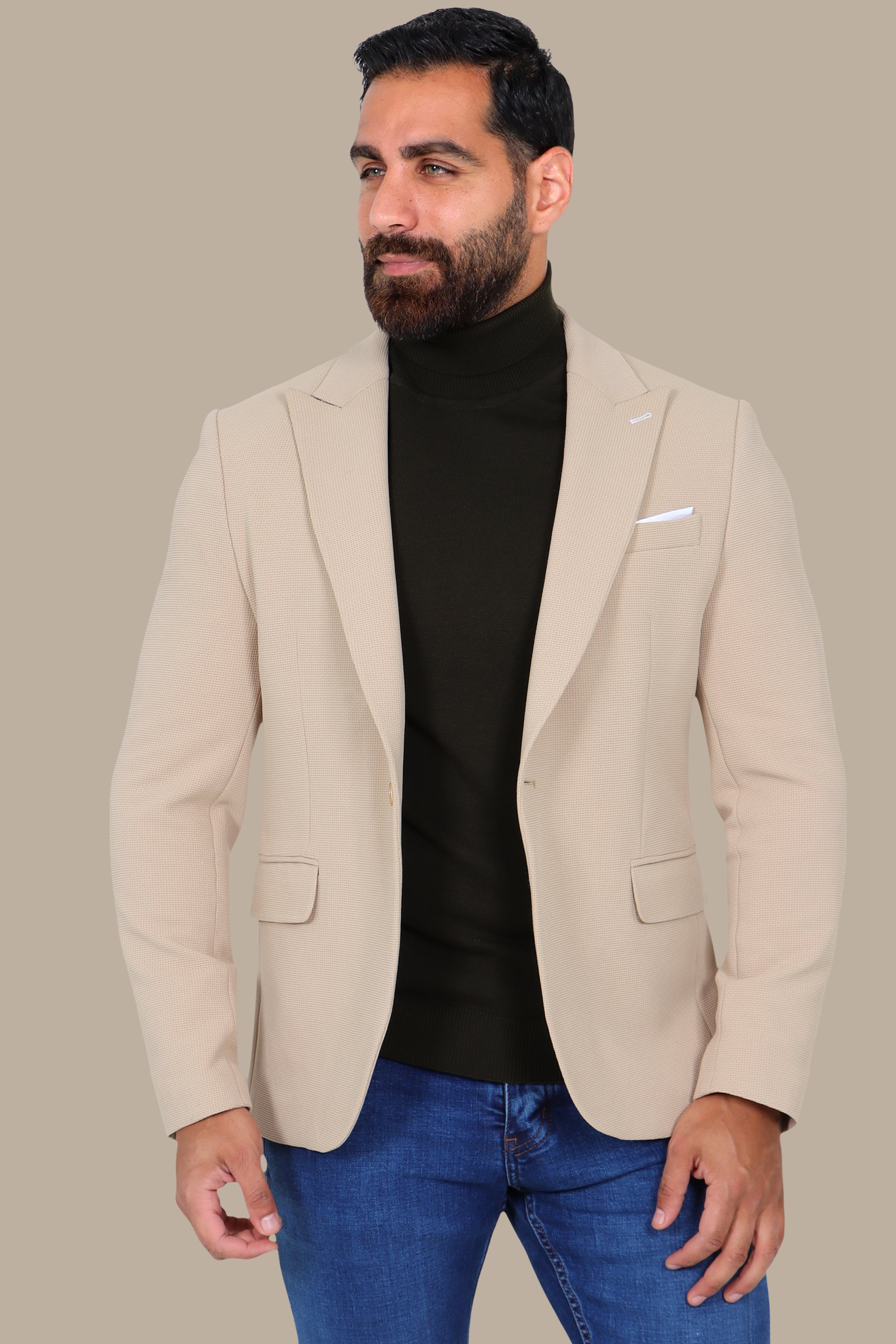 Classic Chic: Beige Structured Peak Lapel Blazer