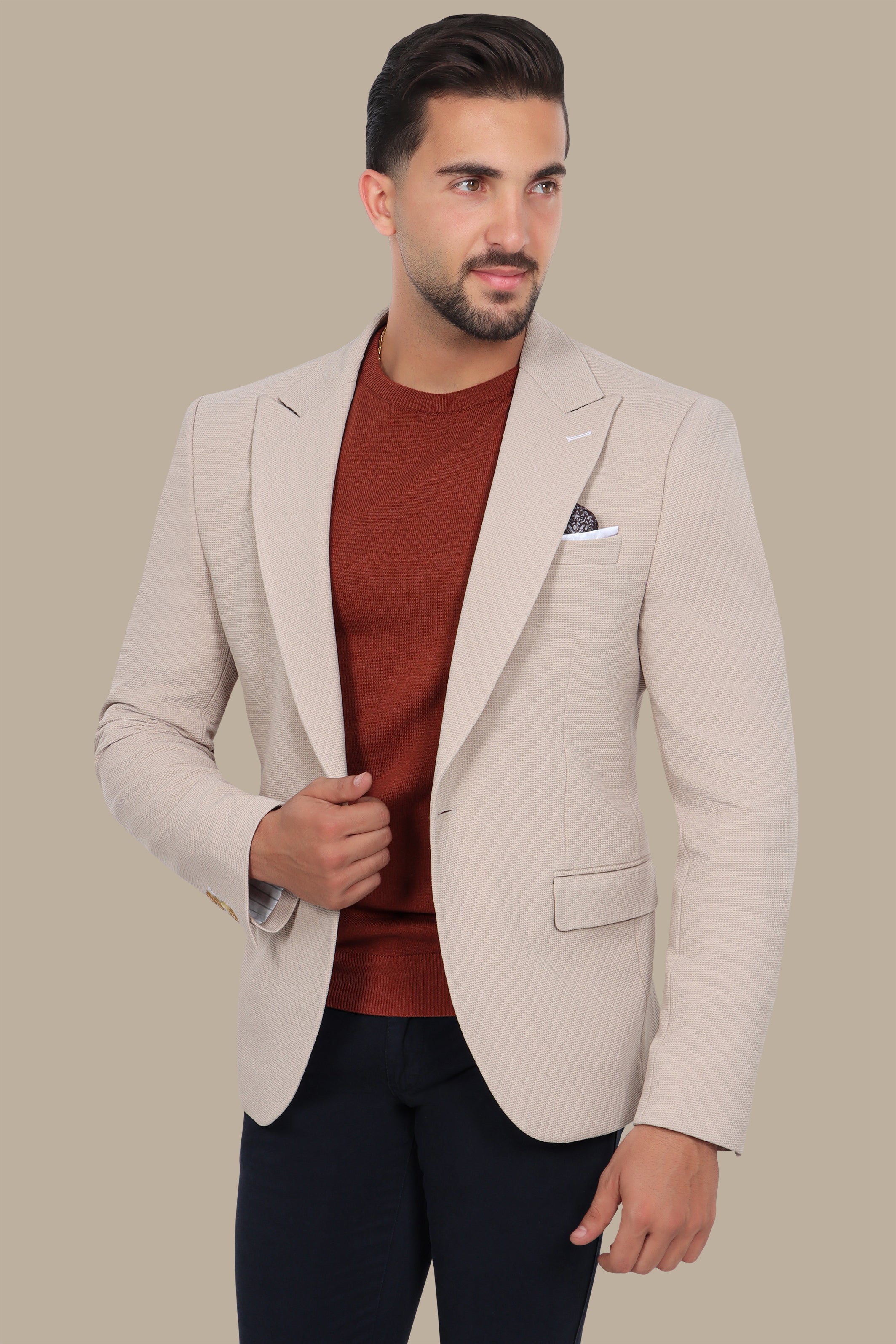 Classic Chic: Beige Structured Peak Lapel Blazer