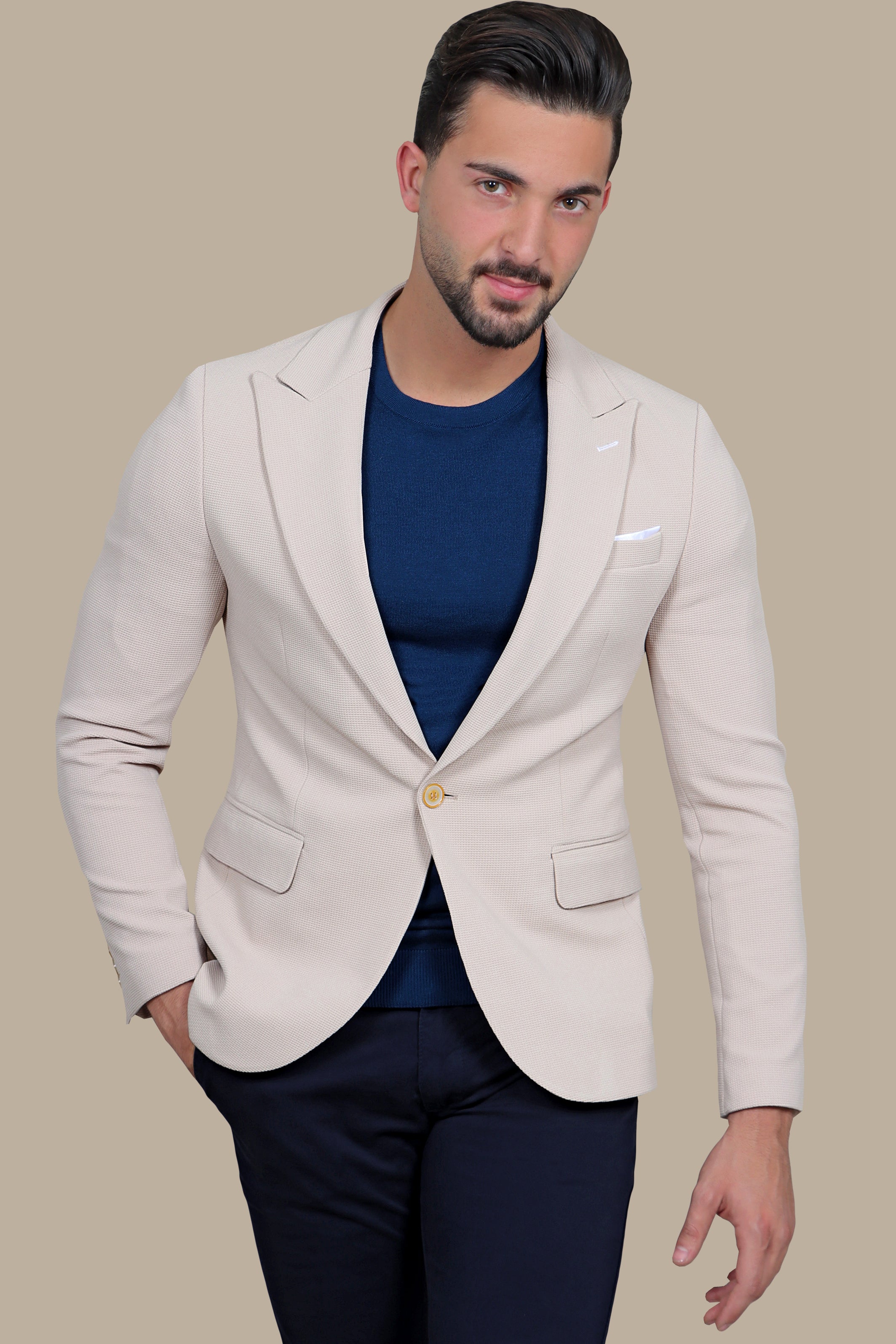 Classic Chic: Beige Structured Peak Lapel Blazer