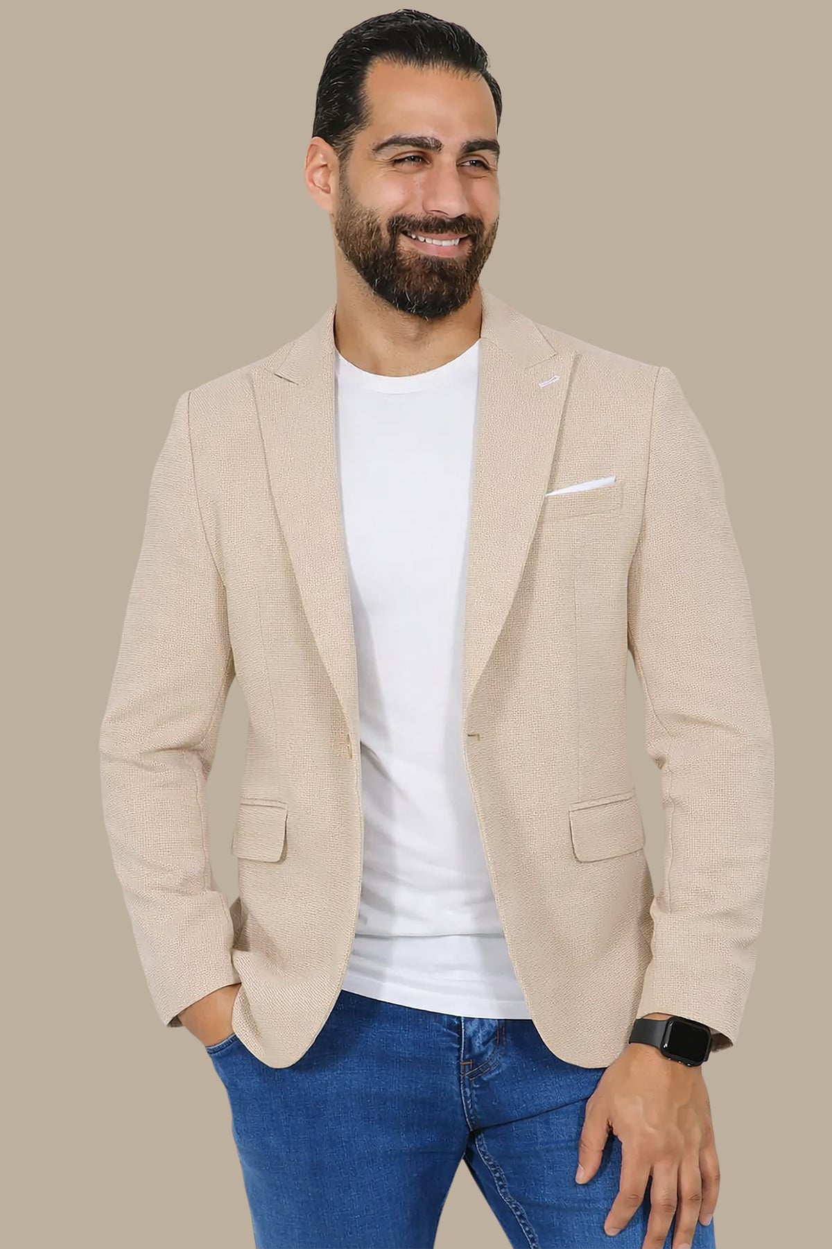 Classic Chic: Beige Structured Peak Lapel Blazer