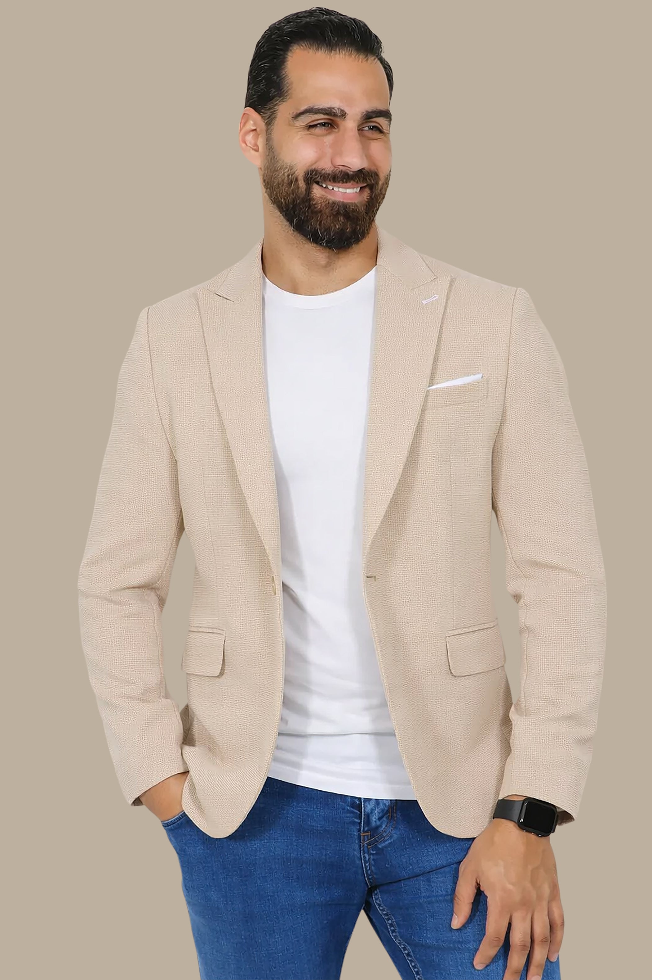 Classic Chic: Beige Structured Peak Lapel Blazer