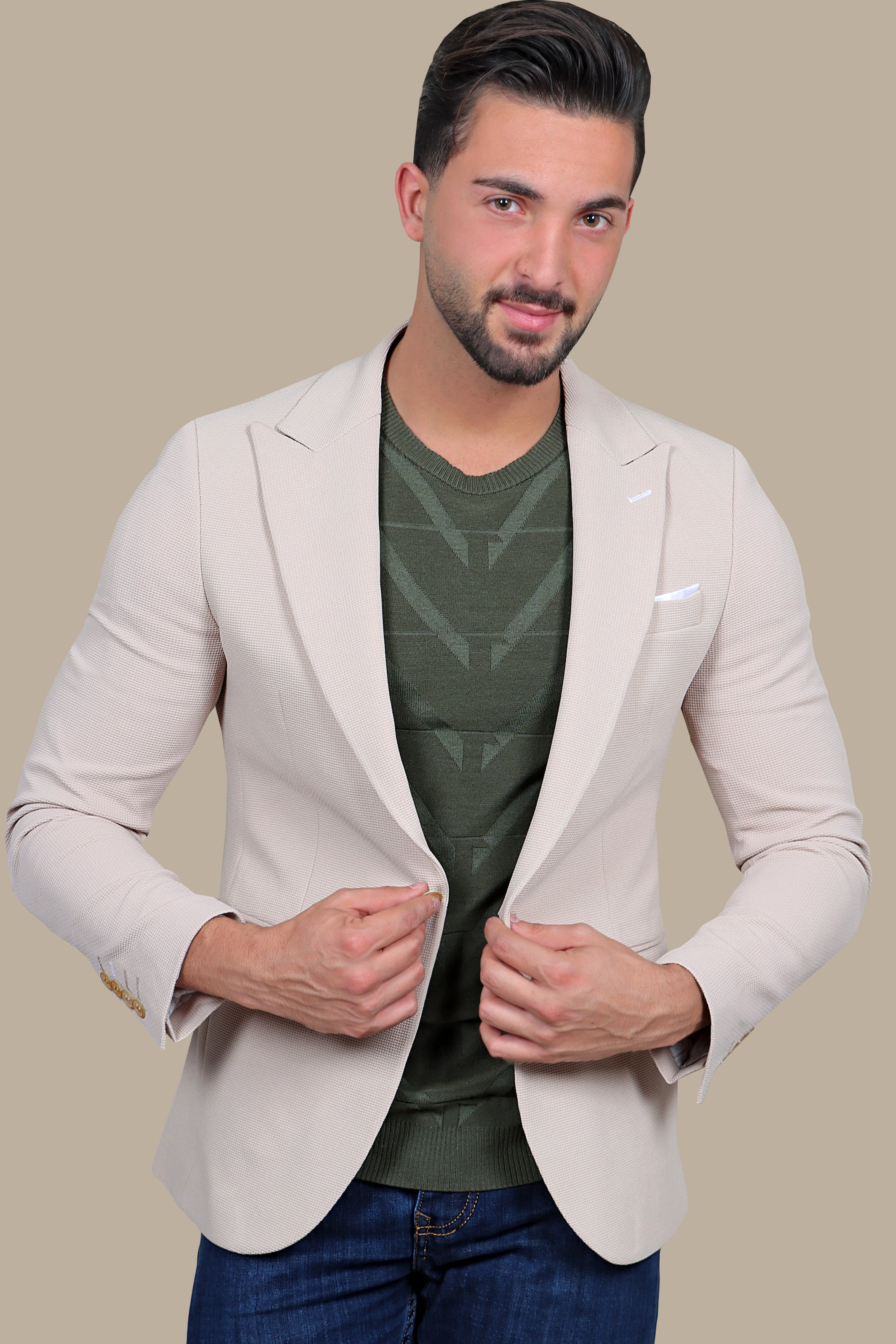 Classic Chic: Beige Structured Peak Lapel Blazer